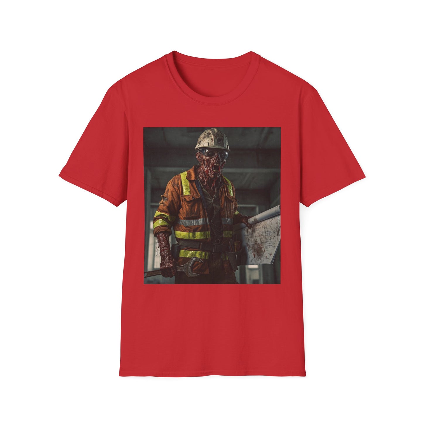 Creepy Construction Worker Graphic Tee | Unisex Softstyle T-Shirt | Perfect for Halloween and Horror Fans
