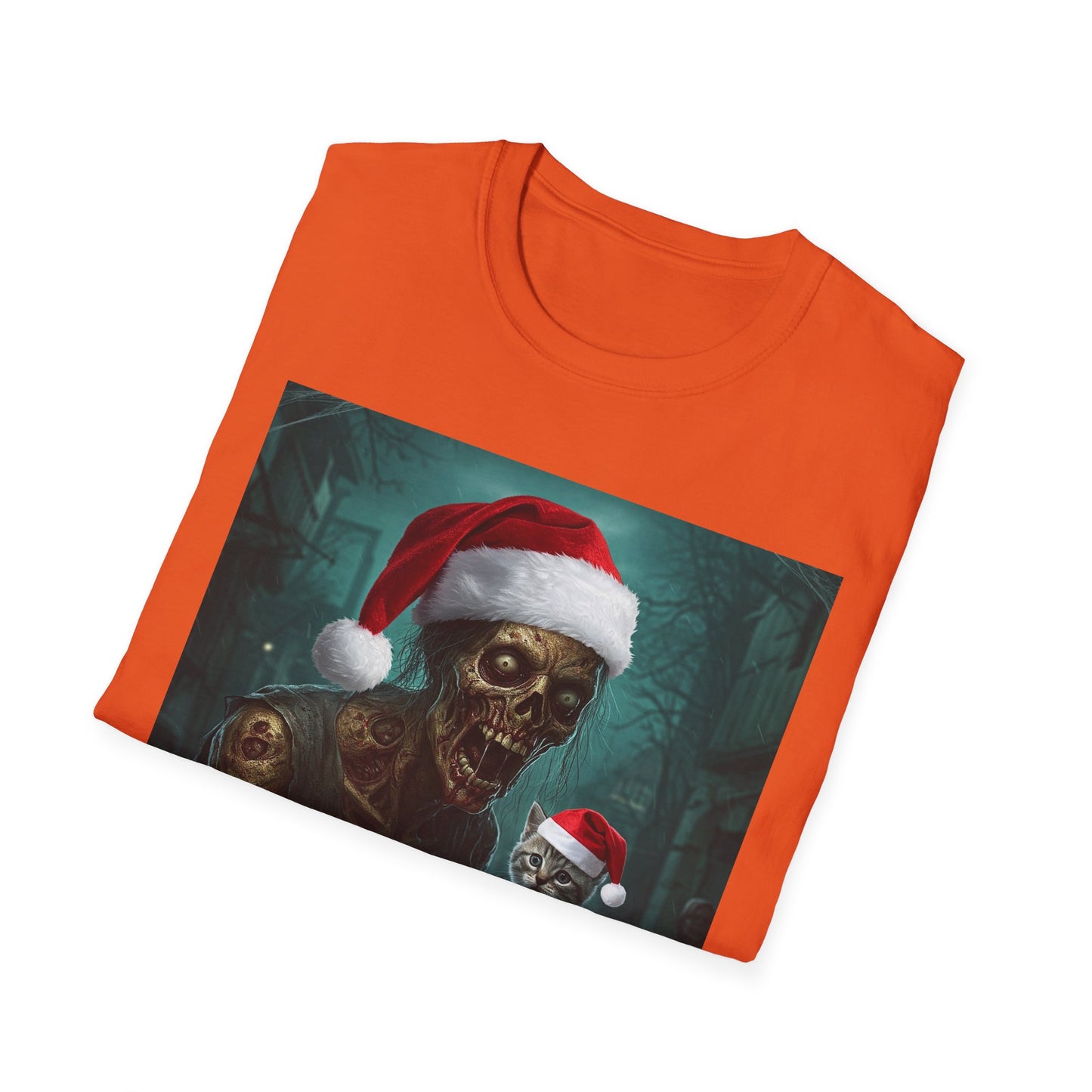 Cat Funny Santa Skeleton Apocalyptic Portrait Tee, bold, decaying zombie graphic