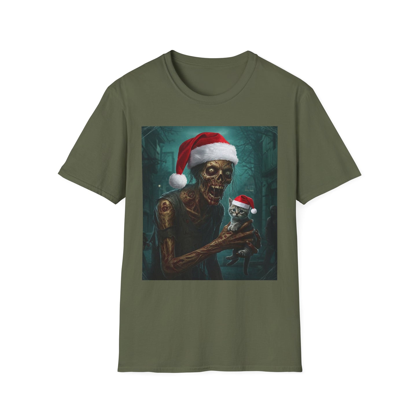 Cat Funny Santa Skeleton Apocalyptic Portrait Tee, bold, decaying zombie graphic