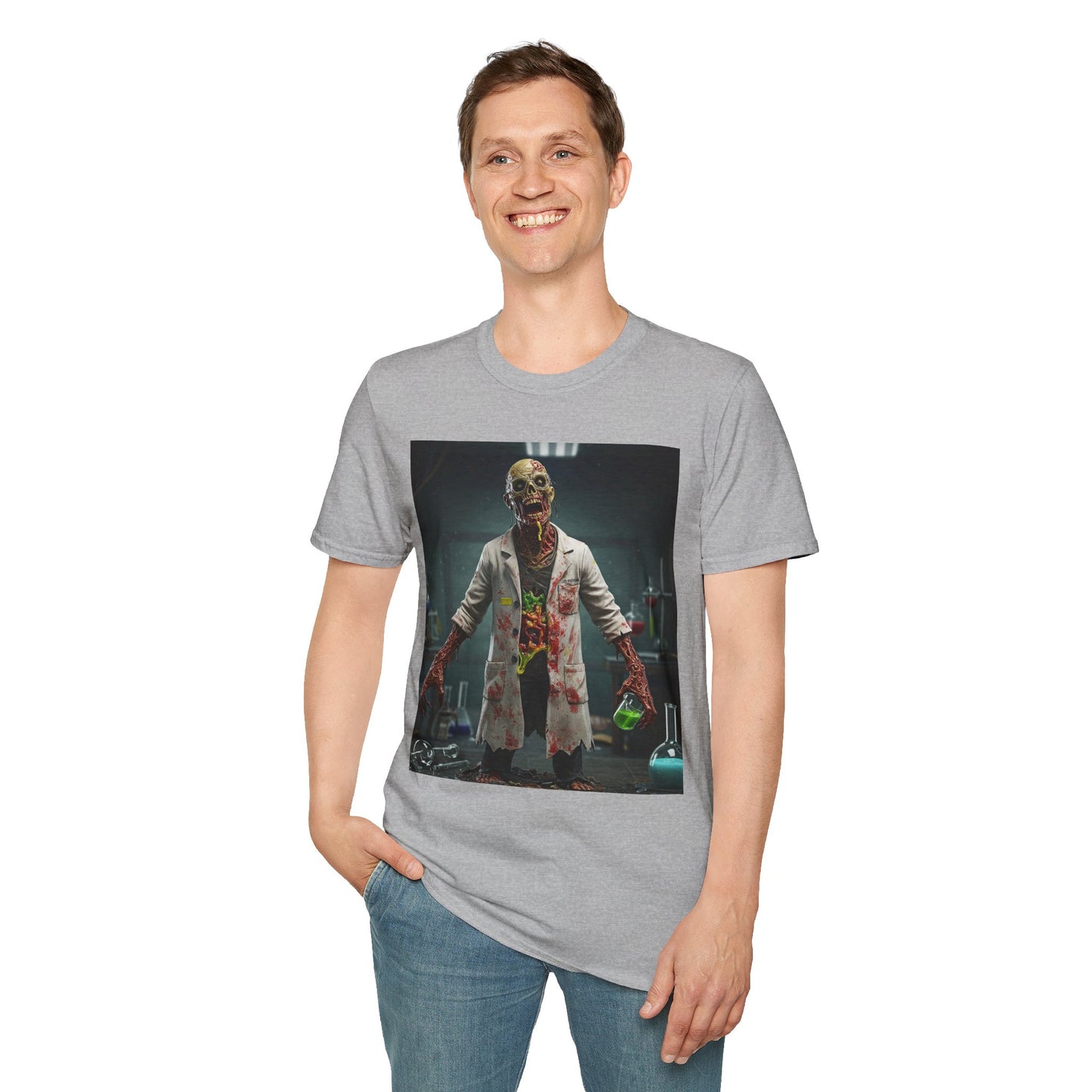 Zombie Scientist Unisex Softstyle T-Shirt - Perfect for Halloween and Horror Fans