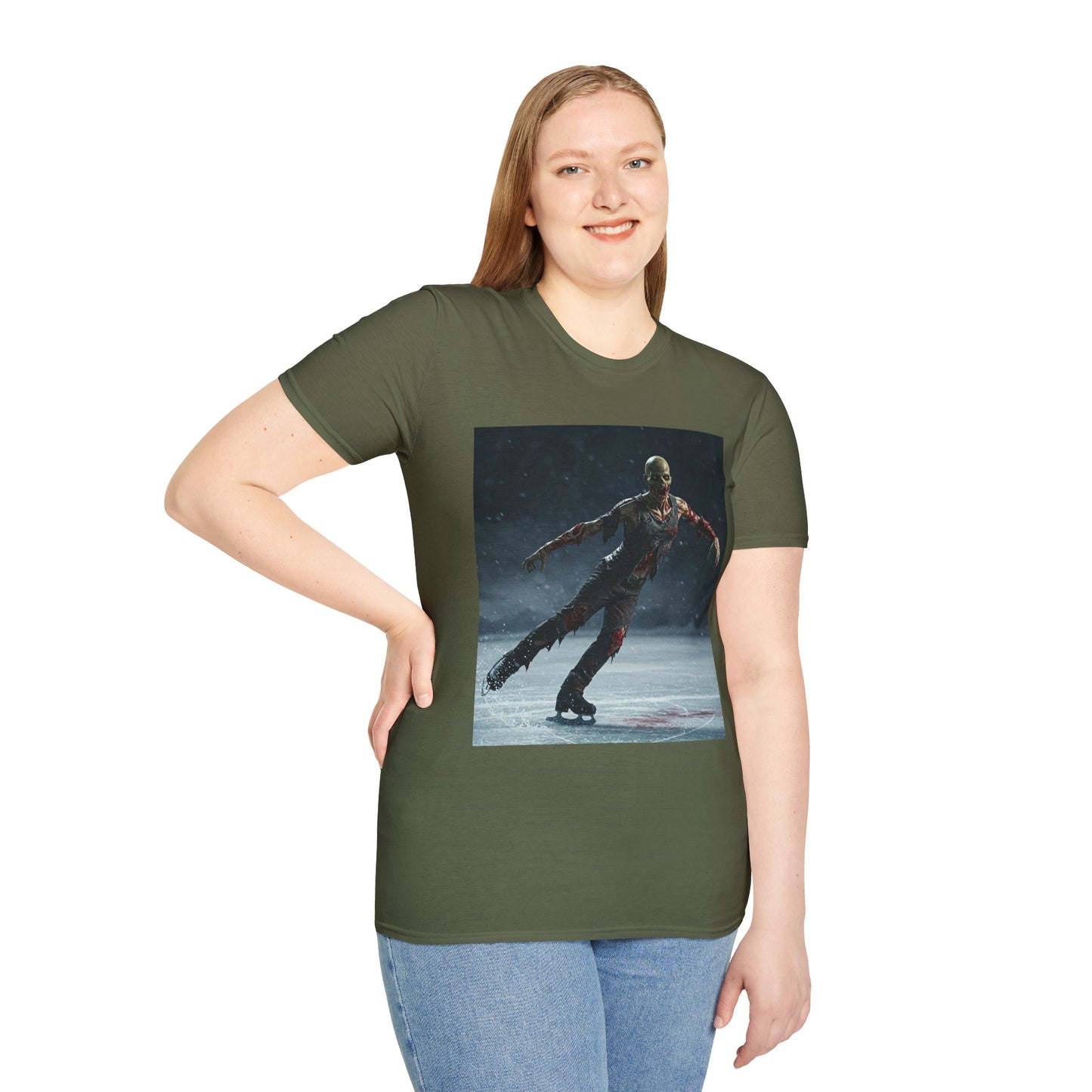 Chilling Thriller Unisex Softstyle T-Shirt - Ice Skating Horror Design
