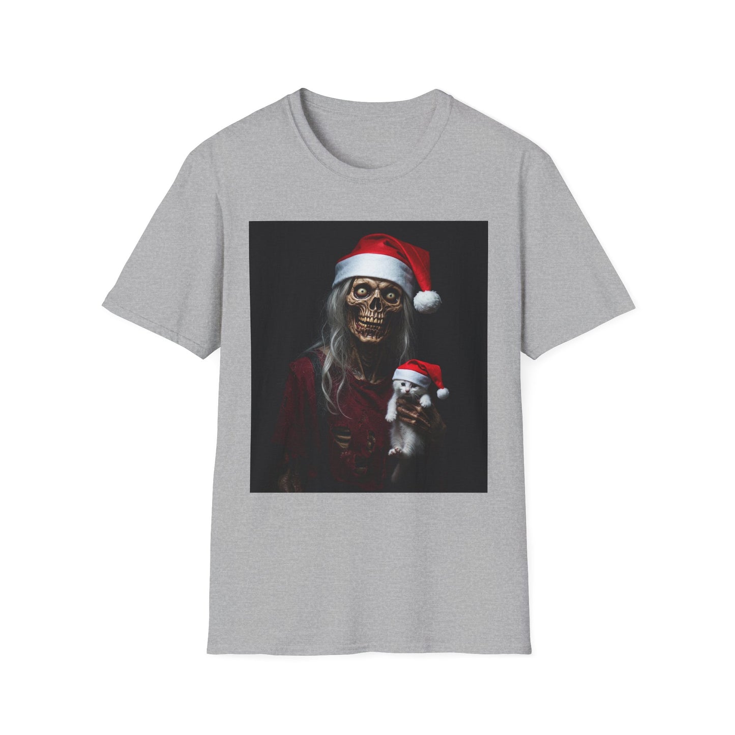 Cat Spooky Santa Skeleton Apocalyptic Portrait Tee, bold, decaying zombie graphic
