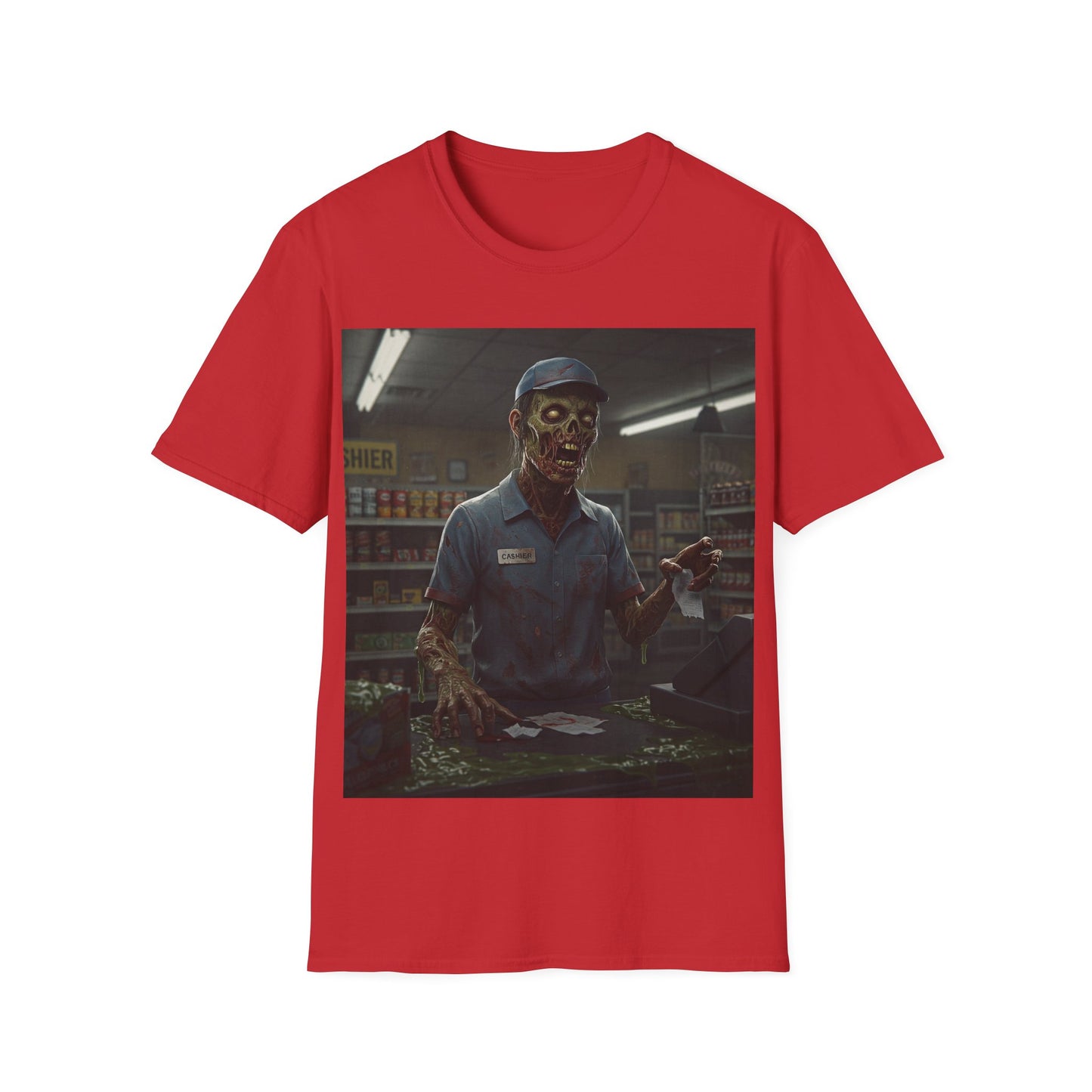 UK - Horror-Inspired Unisex Softstyle T-Shirt - Creepy Grocery Clerk Design