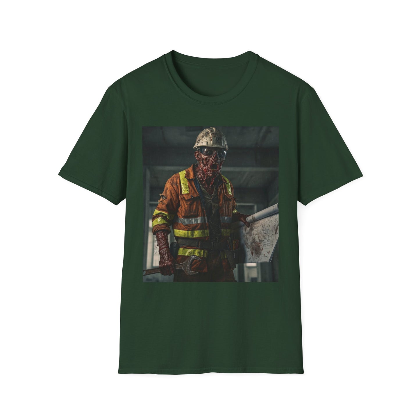 Creepy Construction Worker Graphic Tee | Unisex Softstyle T-Shirt | Perfect for Halloween and Horror Fans