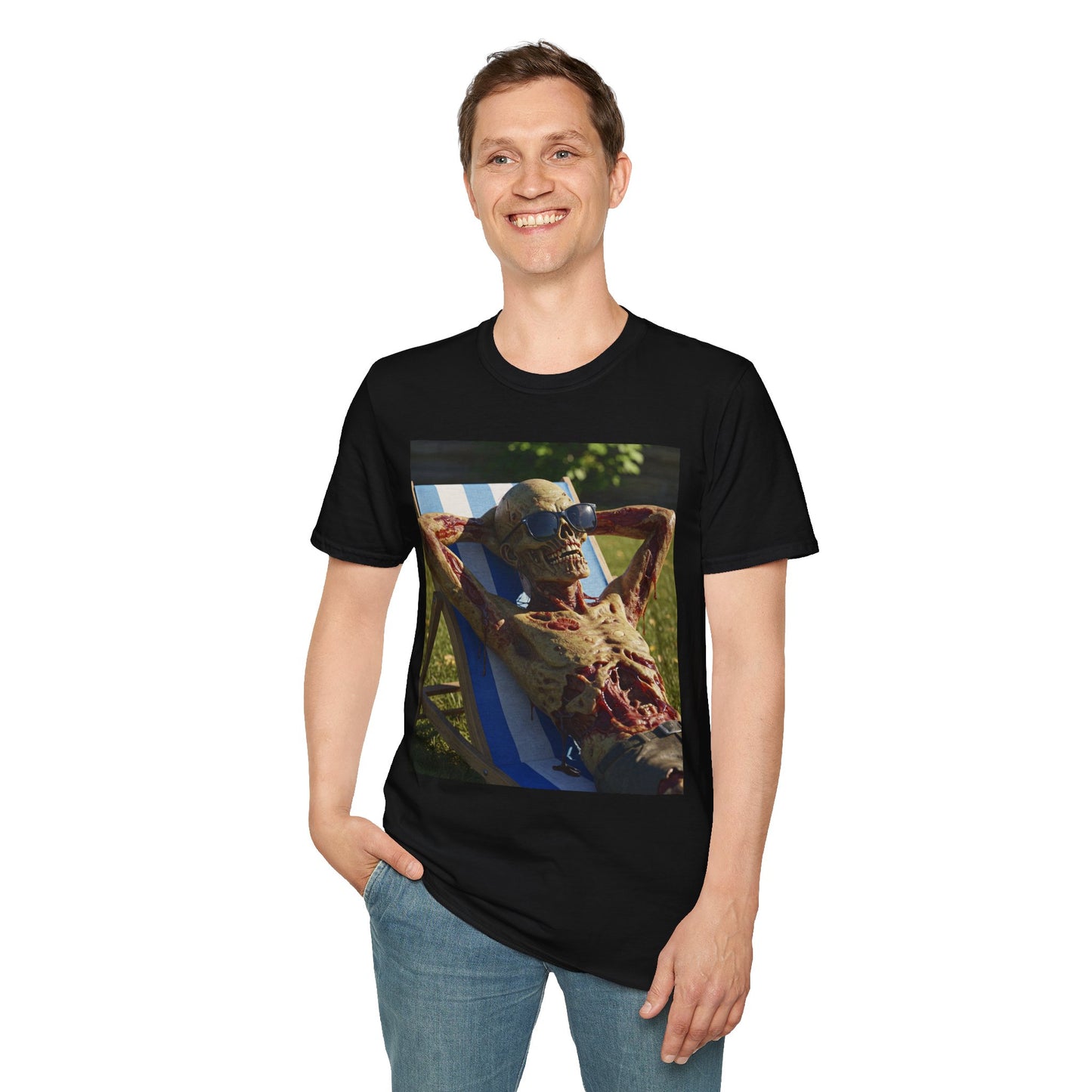 Chillin' Skeleton Unisex Softstyle T-Shirt | Funny Skeleton Beach Tee