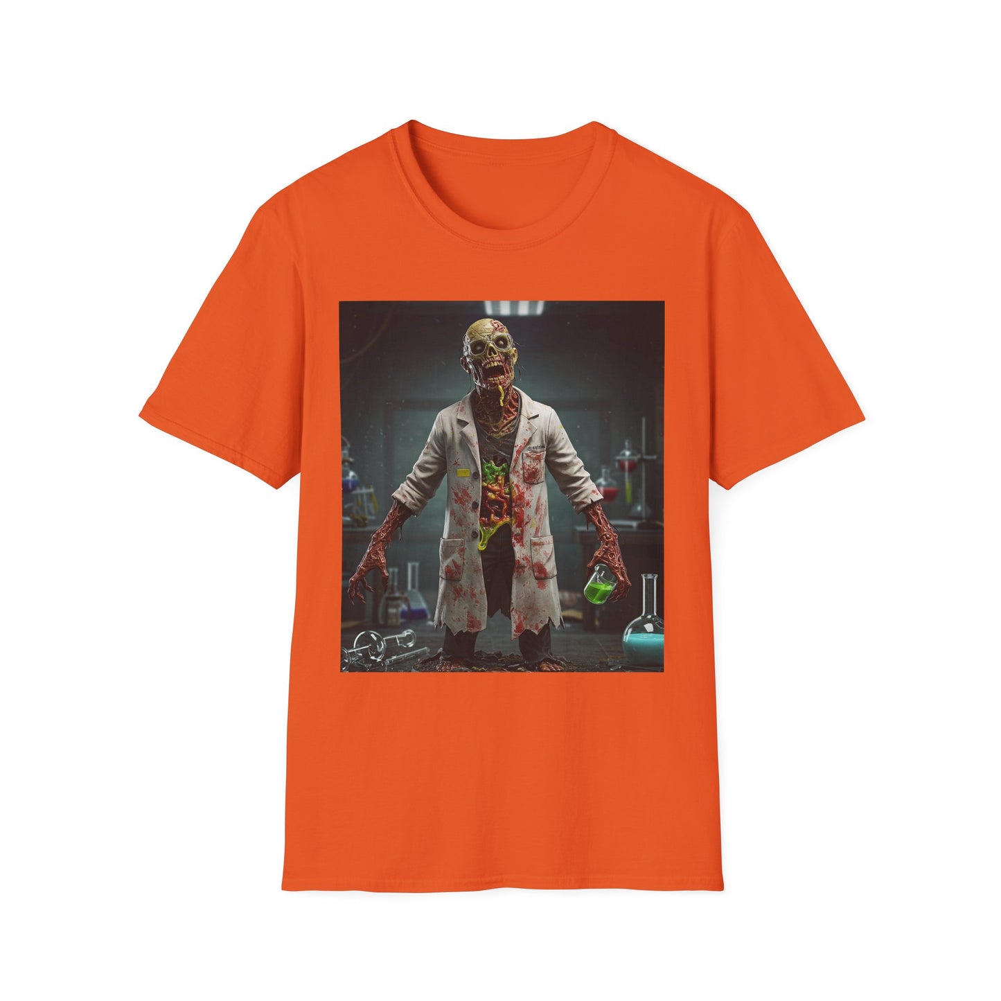 Zombie Scientist Unisex Softstyle T-Shirt - Perfect for Halloween and Horror Fans