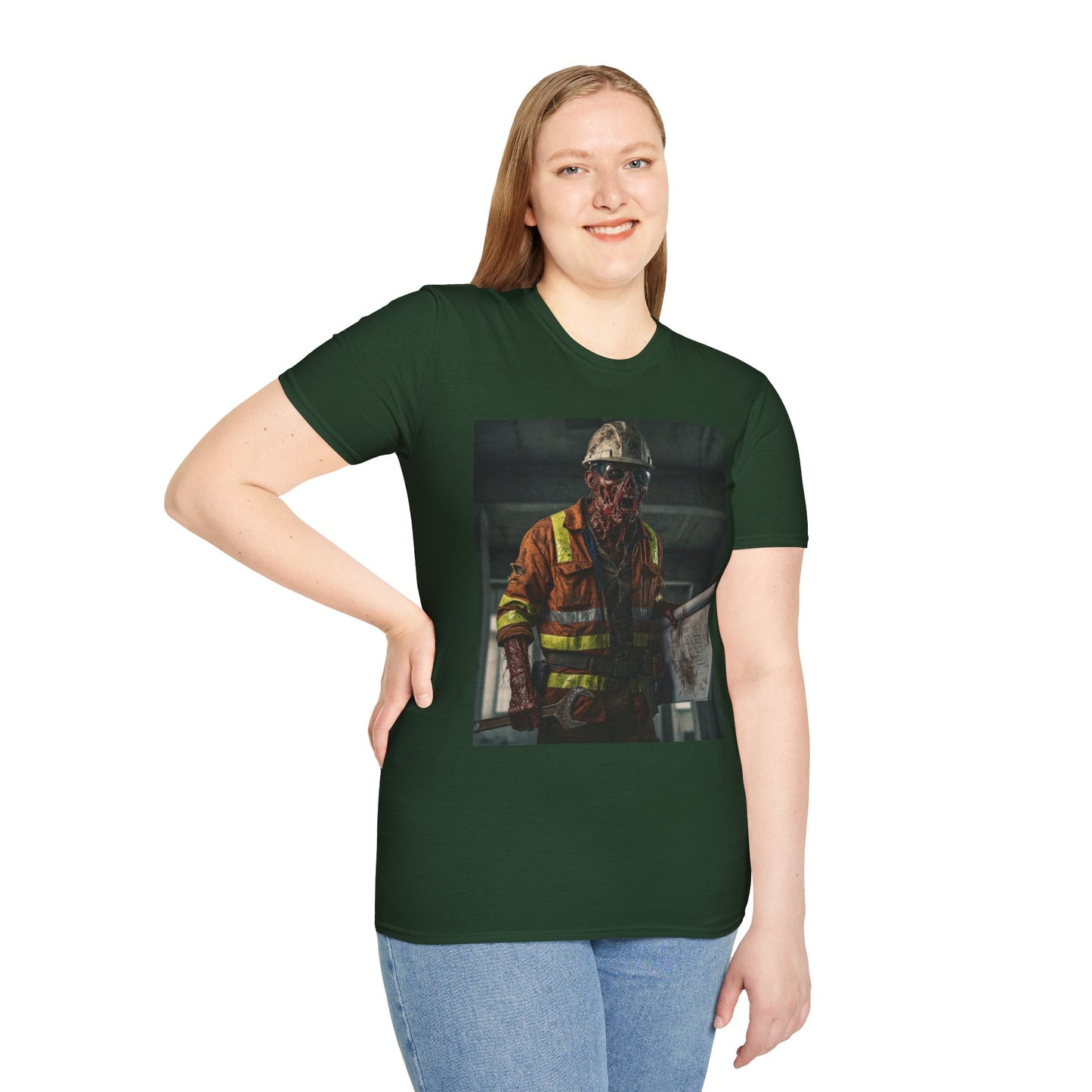 Creepy Construction Worker Graphic Tee | Unisex Softstyle T-Shirt | Perfect for Halloween and Horror Fans