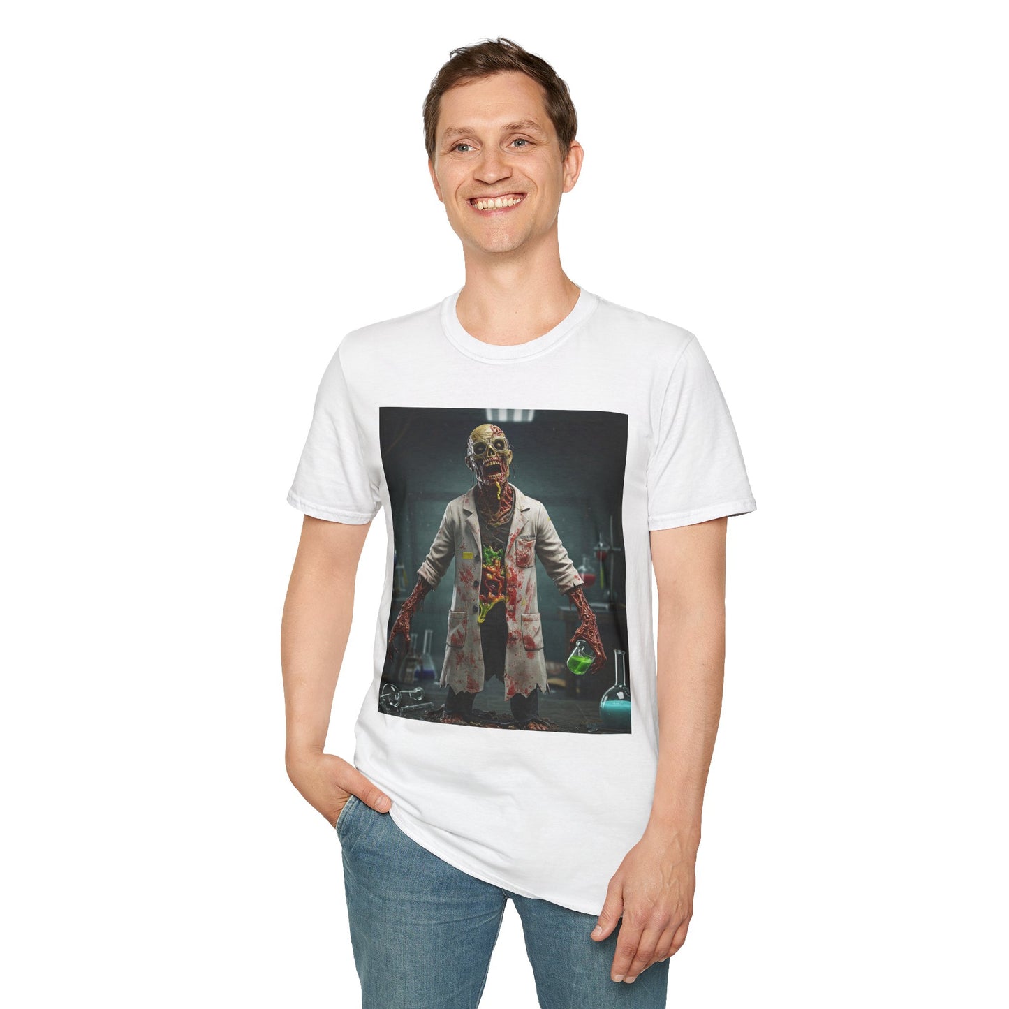 Zombie Scientist Unisex Softstyle T-Shirt - Perfect for Halloween and Horror Fans