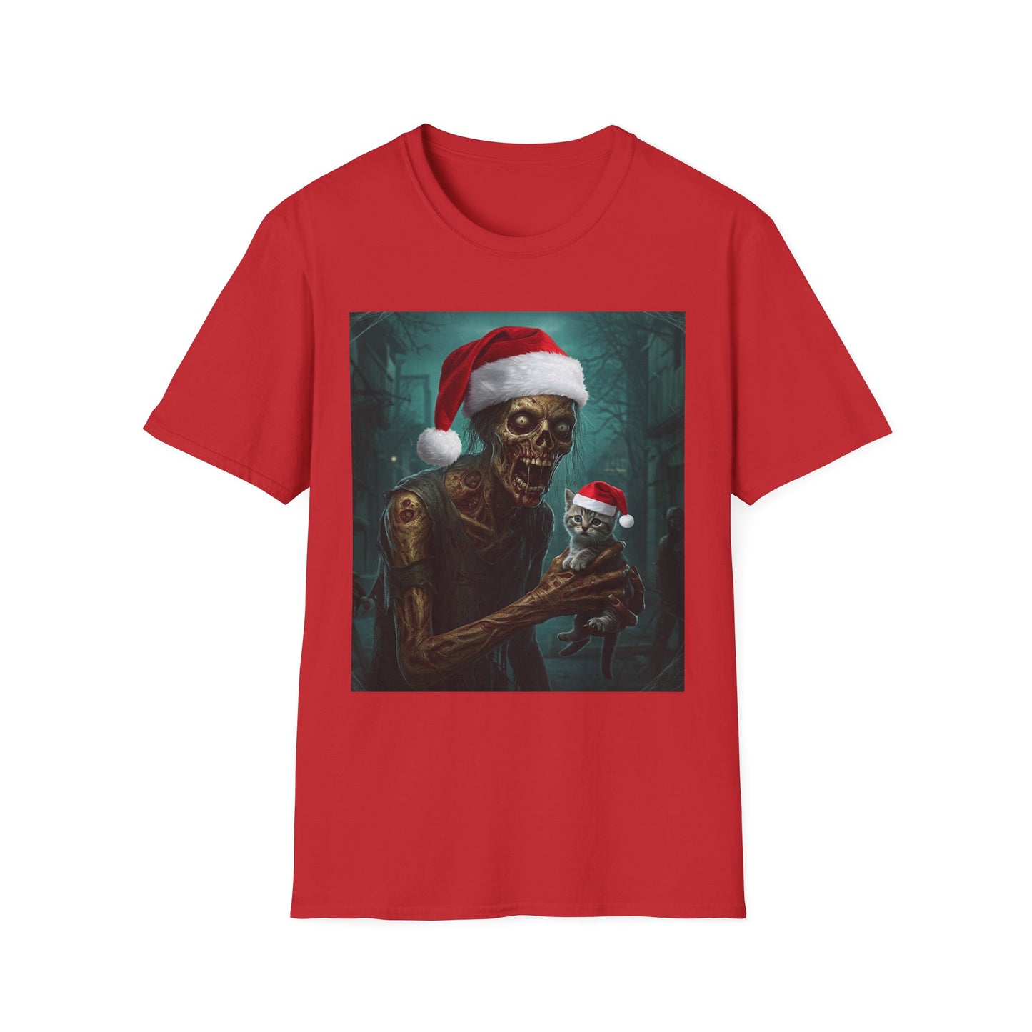 Cat Funny Santa Skeleton Apocalyptic Portrait Tee, bold, decaying zombie graphic