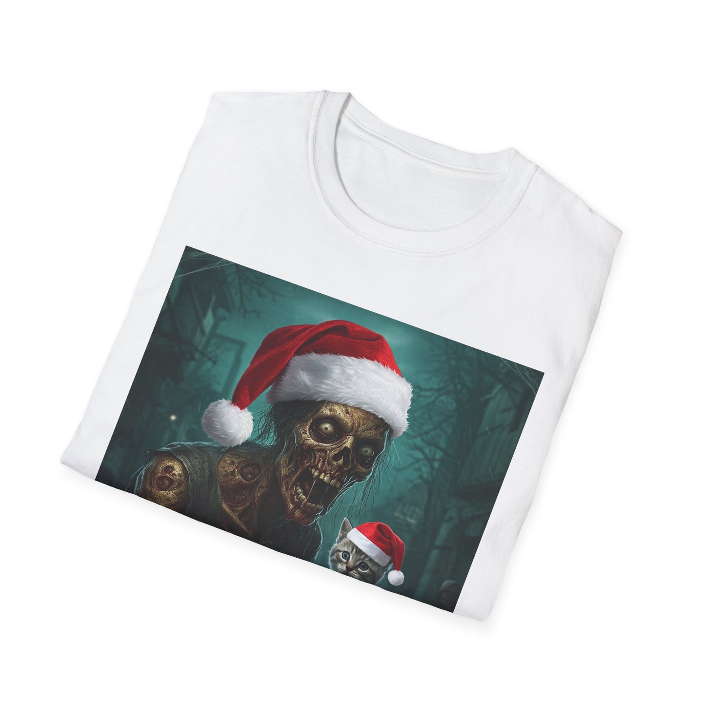 Cat Funny Santa Skeleton Apocalyptic Portrait Tee, bold, decaying zombie graphic
