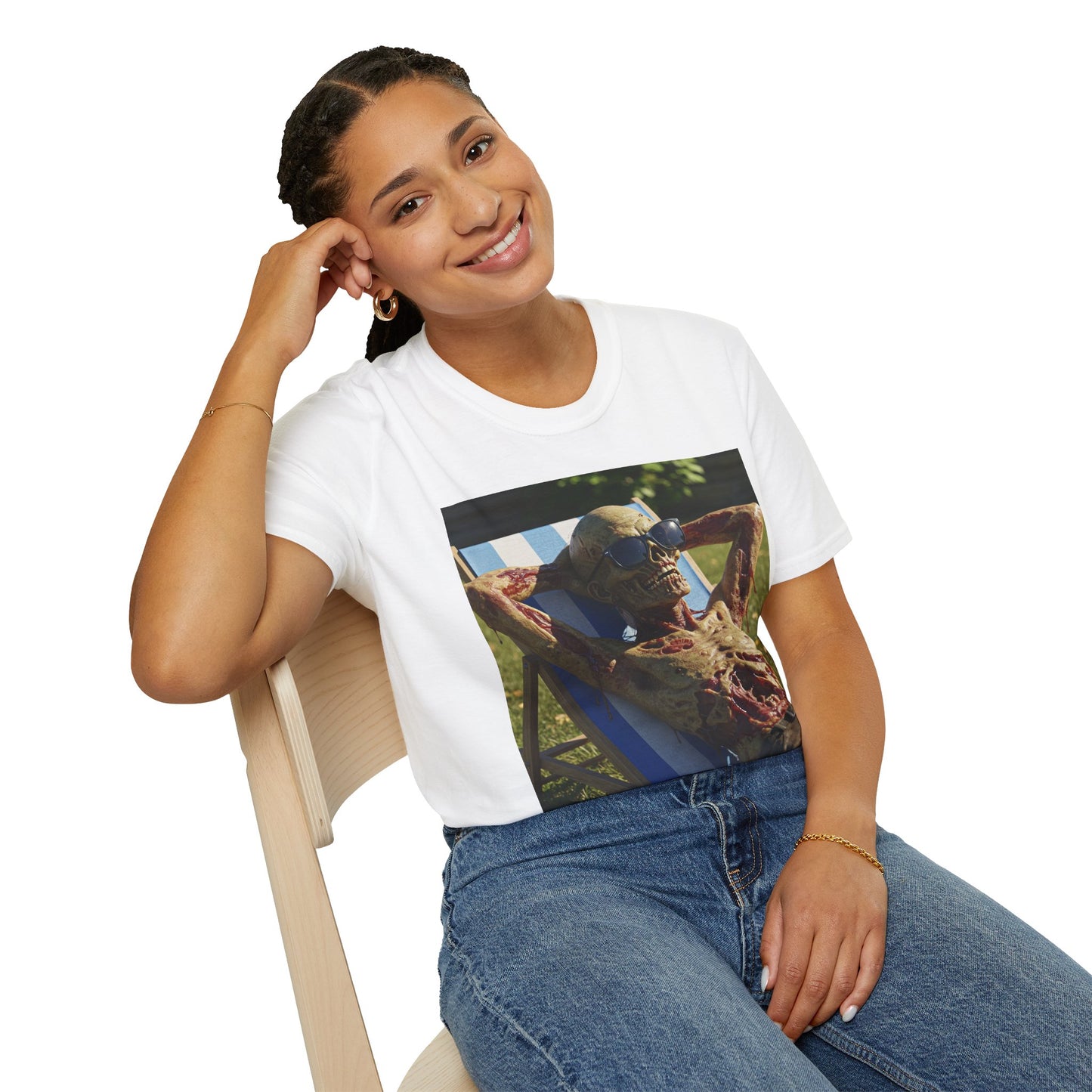 Chillin' Skeleton Unisex Softstyle T-Shirt | Funny Skeleton Beach Tee