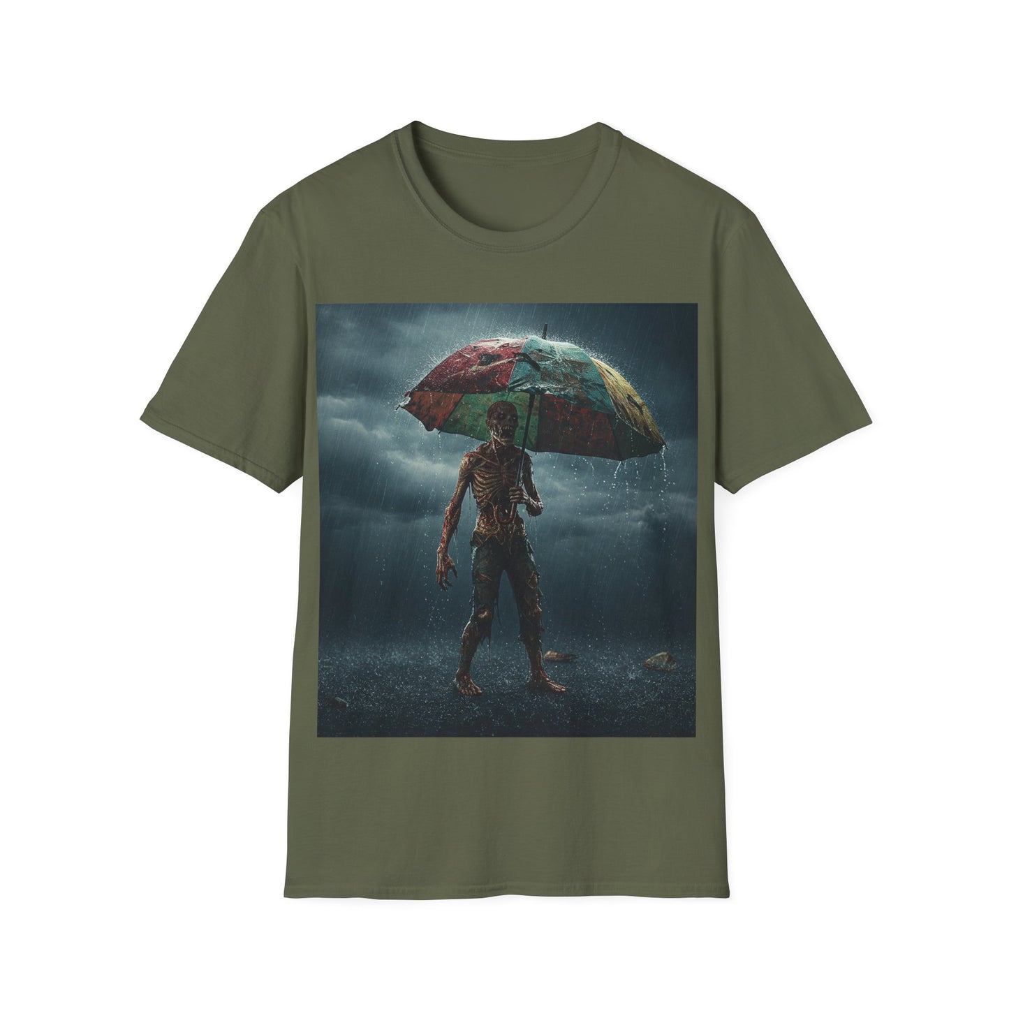 UK - Unisex Softstyle T-Shirt - Creepy Skeleton with Umbrella Design - Perfect for Halloween