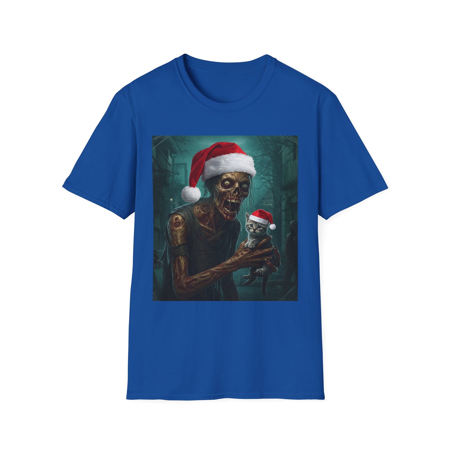 Cat Funny Santa Skeleton Apocalyptic Portrait Tee, bold, decaying zombie graphic