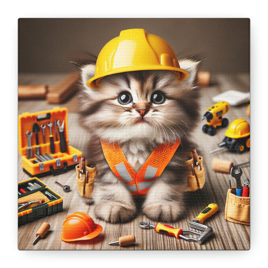 Cute Cat Construction Canvas Art - 12x12 Stretched Matte Wall Decor