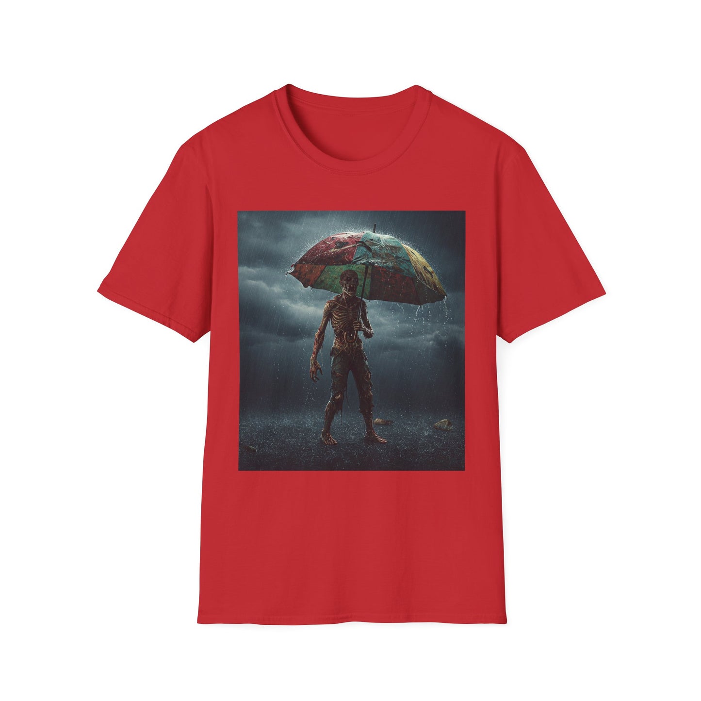 Unisex Softstyle T-Shirt - Creepy Skeleton with Umbrella Design - Perfect for Halloween