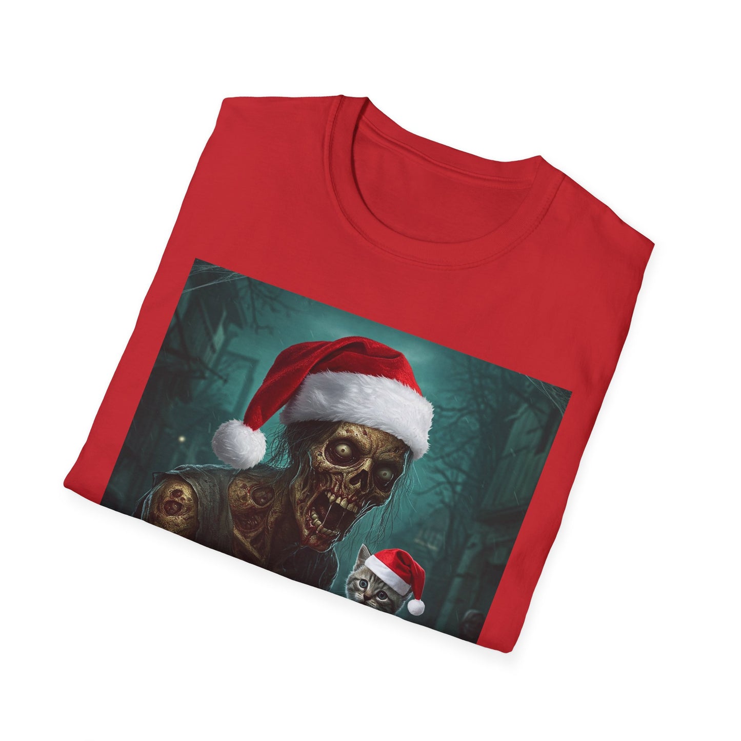 Cat Funny Santa Skeleton Apocalyptic Portrait Tee, bold, decaying zombie graphic