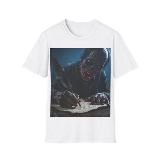 UK - Creepy Zombie Writer Apocalyptic Portrait Tee, bold, decaying zombie graphic