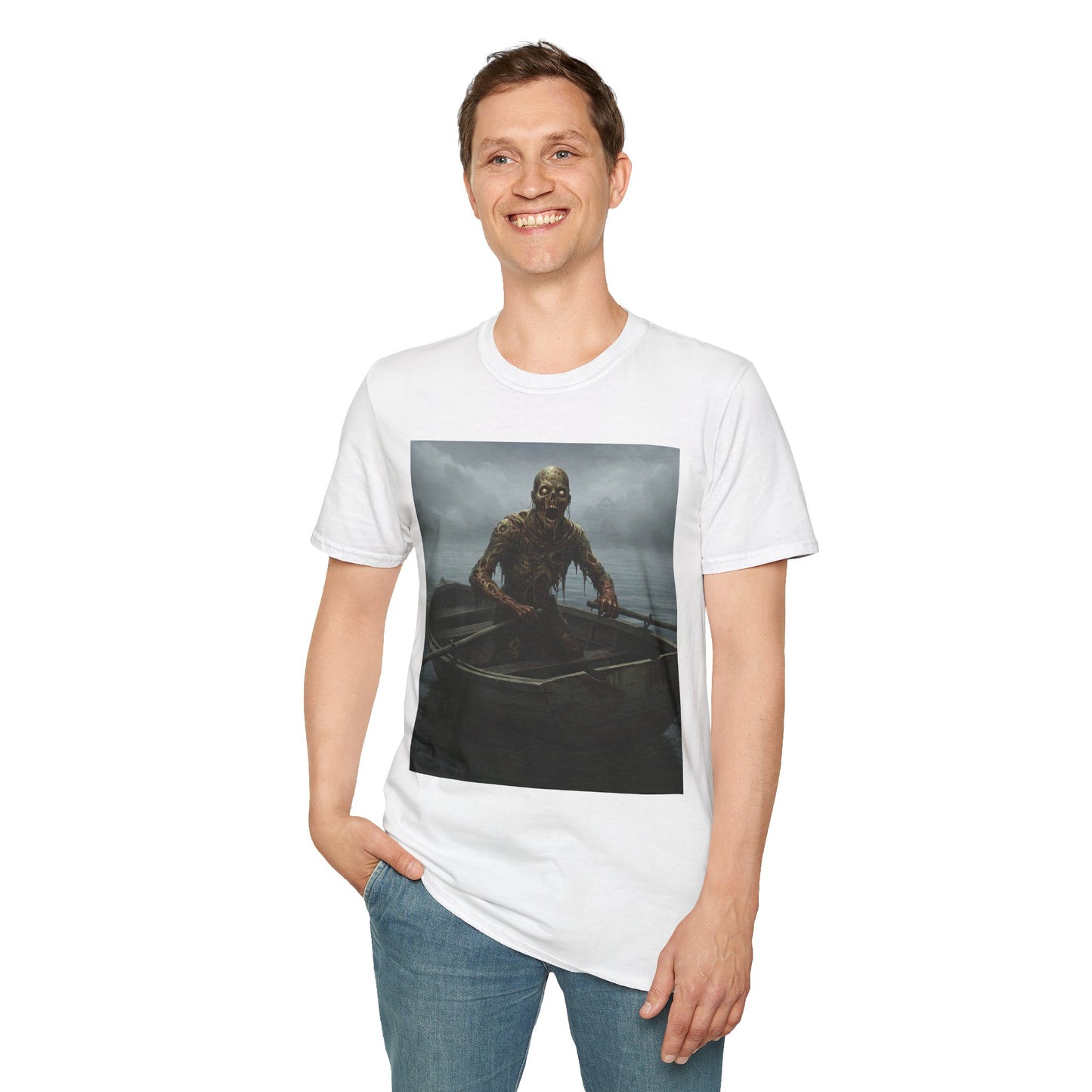 Zombie Rowboat Unisex Softstyle T-Shirt - Spooky Graphic Tee for Halloween Fans