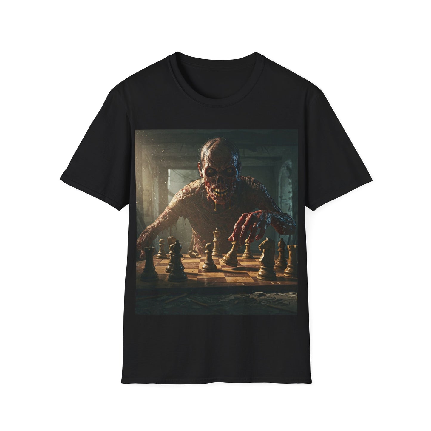 UK - Zombie Chess Apocalyptic Portrait Tee, bold, decaying zombie graphic