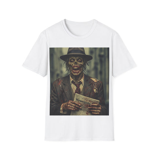 UK - Skeleton News Reporter Unisex Softstyle T-Shirt - Spooky Halloween Vibe