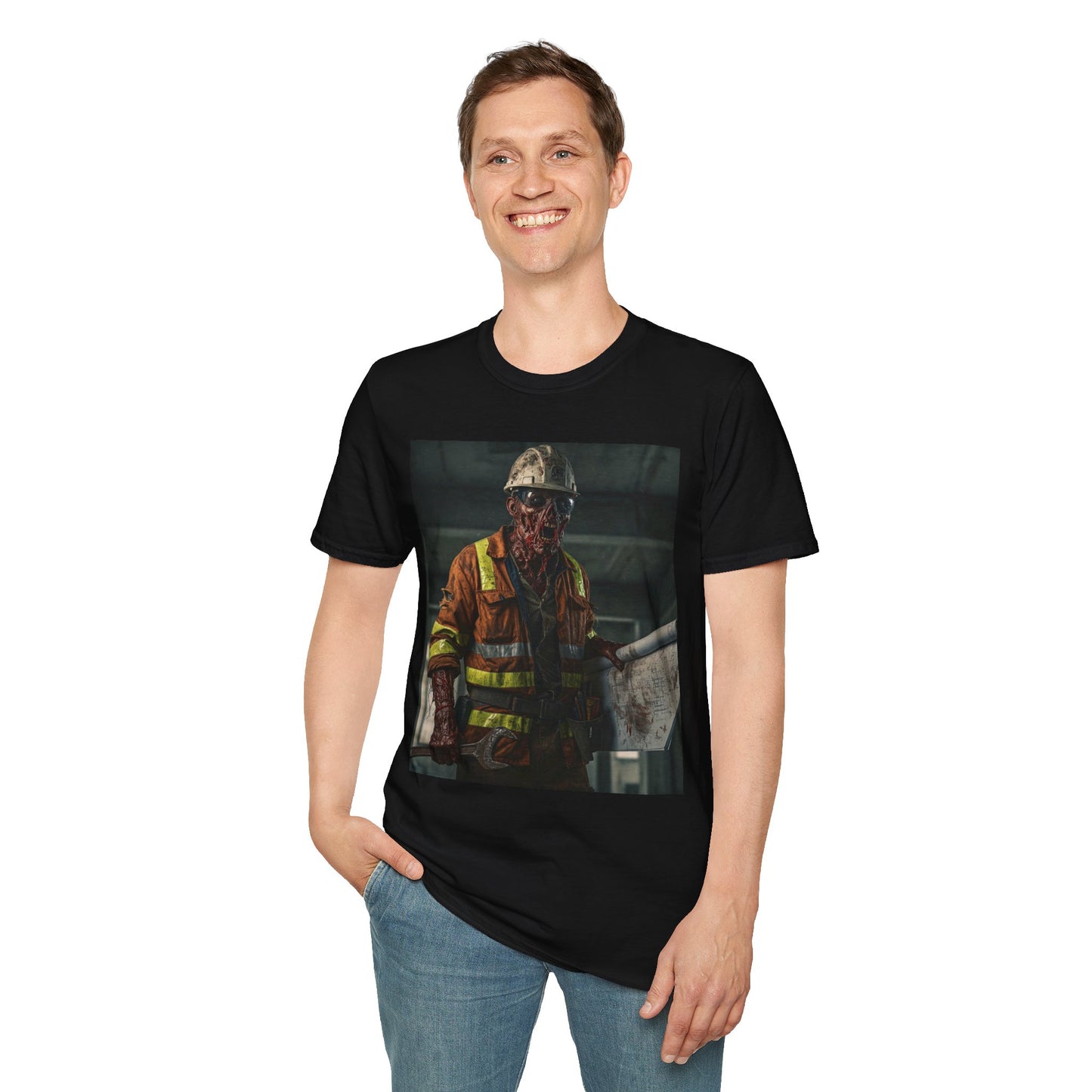 Creepy Construction Worker Graphic Tee | Unisex Softstyle T-Shirt | Perfect for Halloween and Horror Fans