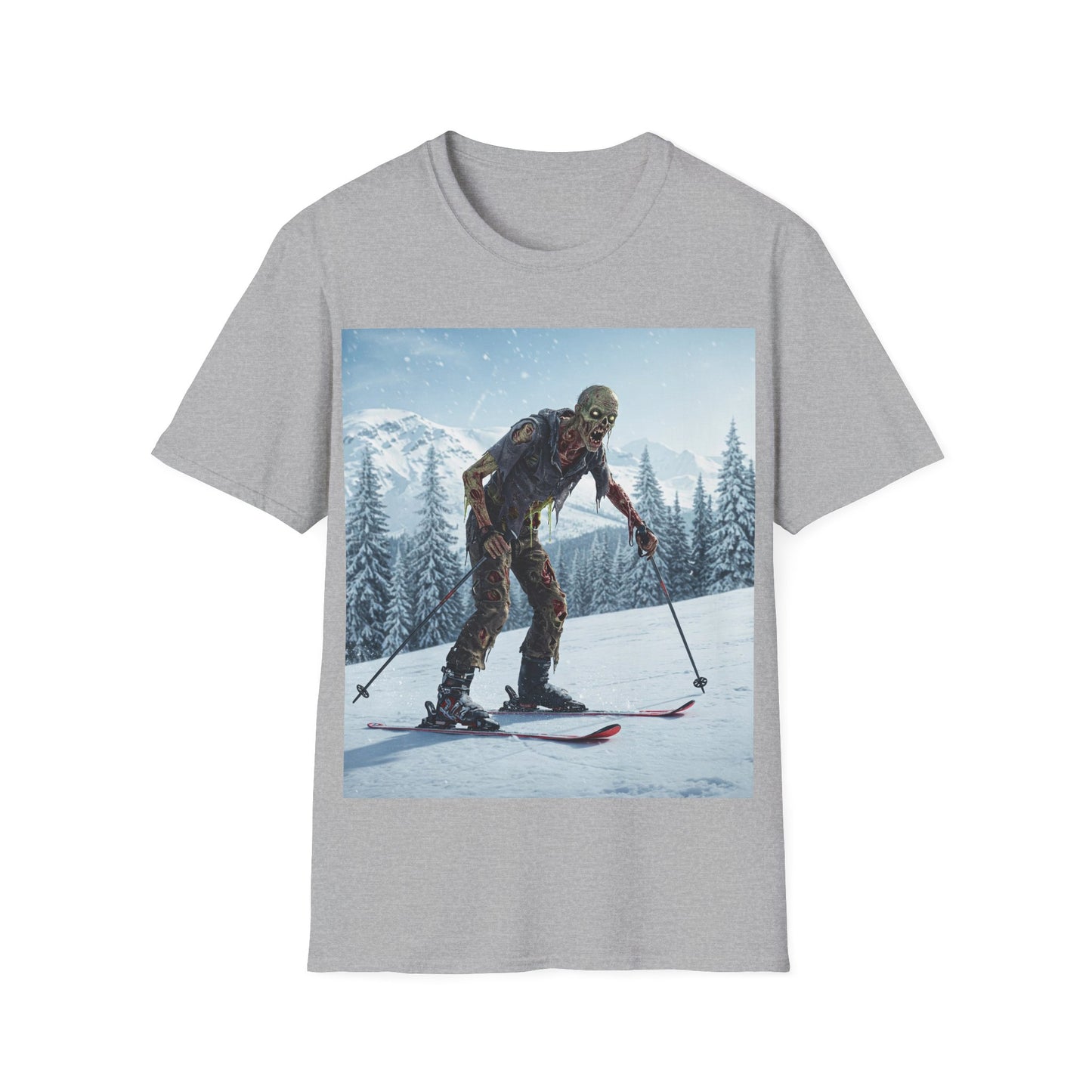 UK - Skiing Zombie Unisex Softstyle T-Shirt - Perfect for Winter Fun & Halloween Enthusiasts