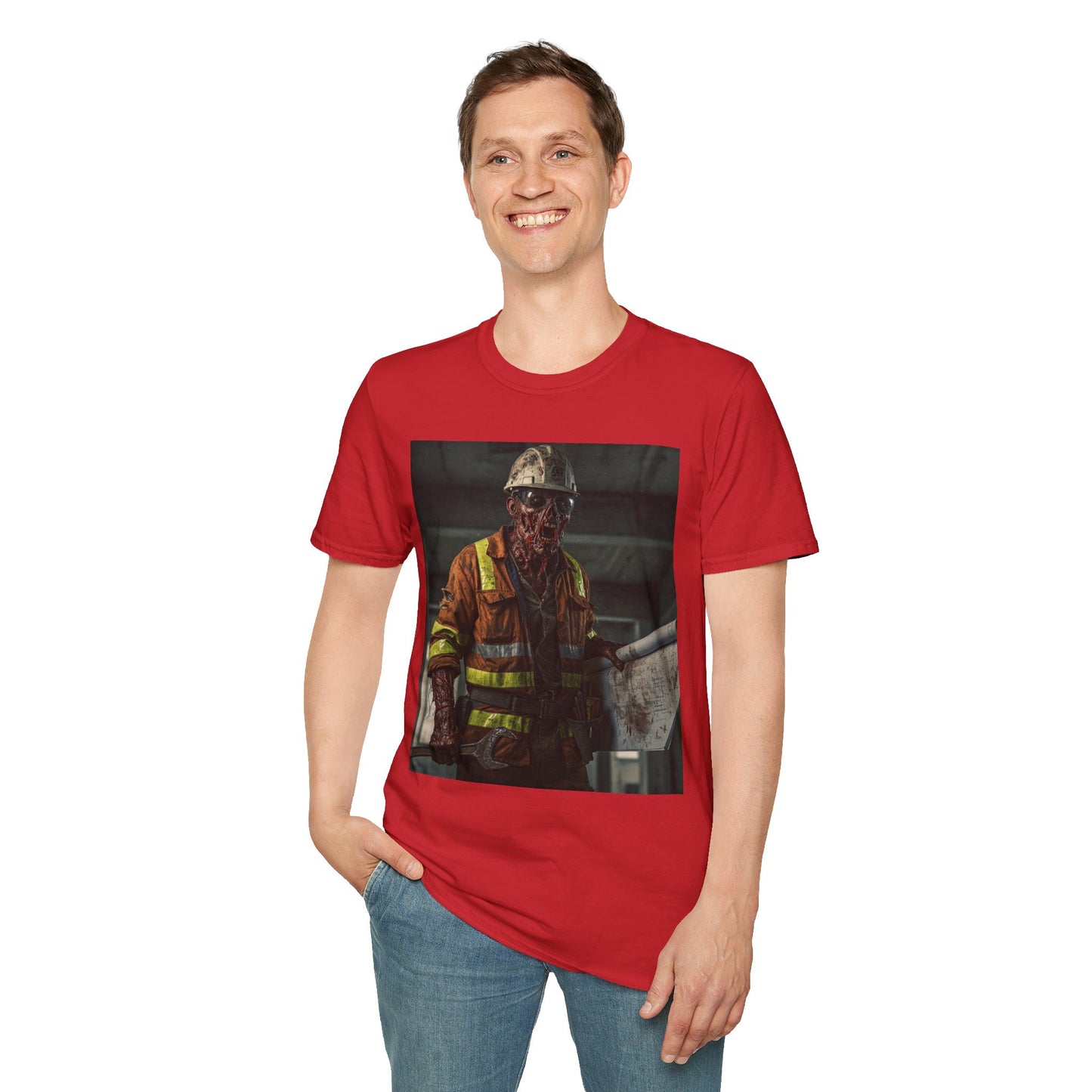 Creepy Construction Worker Graphic Tee | Unisex Softstyle T-Shirt | Perfect for Halloween and Horror Fans