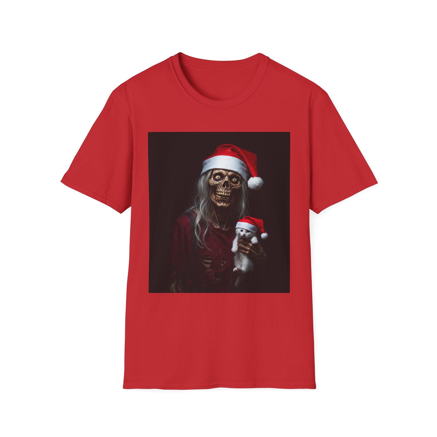 Cat Funny Skeleton Santa Apocalyptic Portrait Tee, bold, decaying zombie graphic