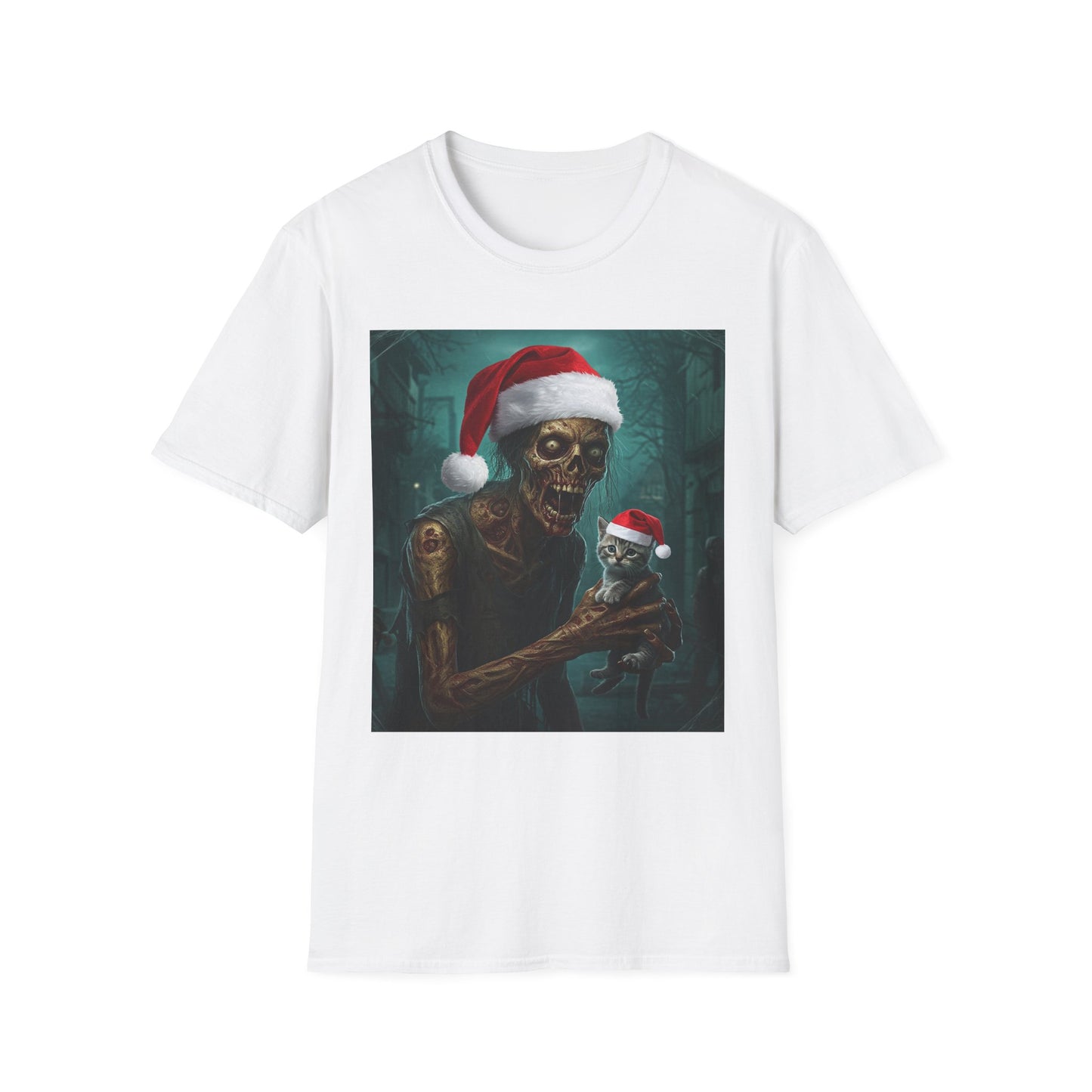 Cat Funny Santa Skeleton Apocalyptic Portrait Tee, bold, decaying zombie graphic