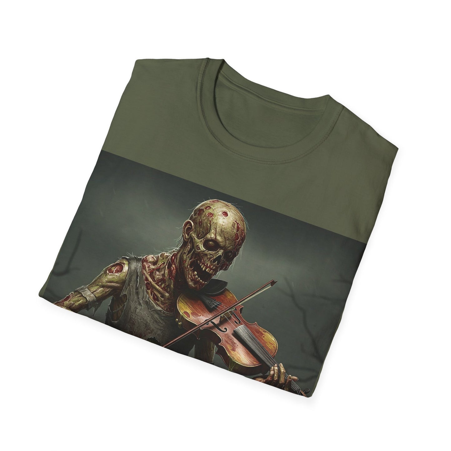 UK - Spooky Zombie Violinist Apocalyptic Portrait Tee, bold, decaying zombie graphic