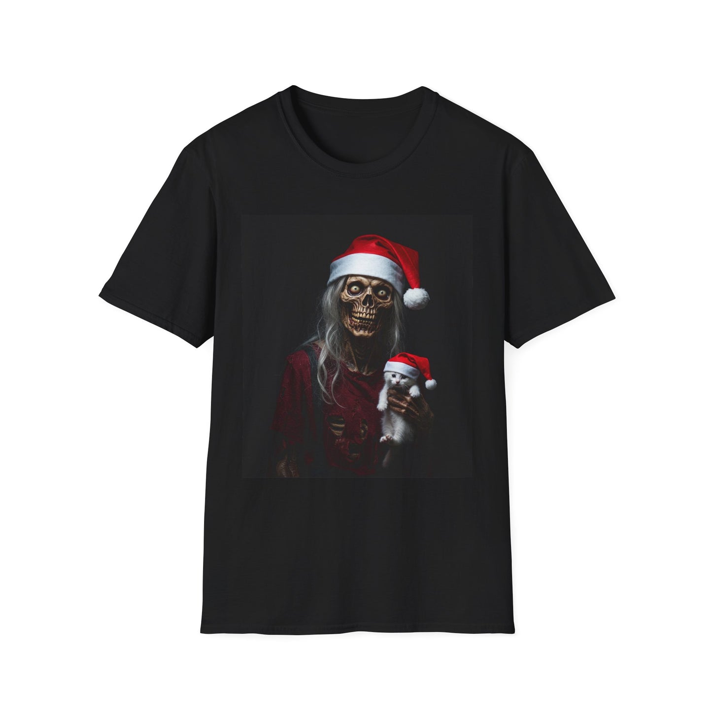 Cat Funny Skeleton Santa Apocalyptic Portrait Tee, bold, decaying zombie graphic