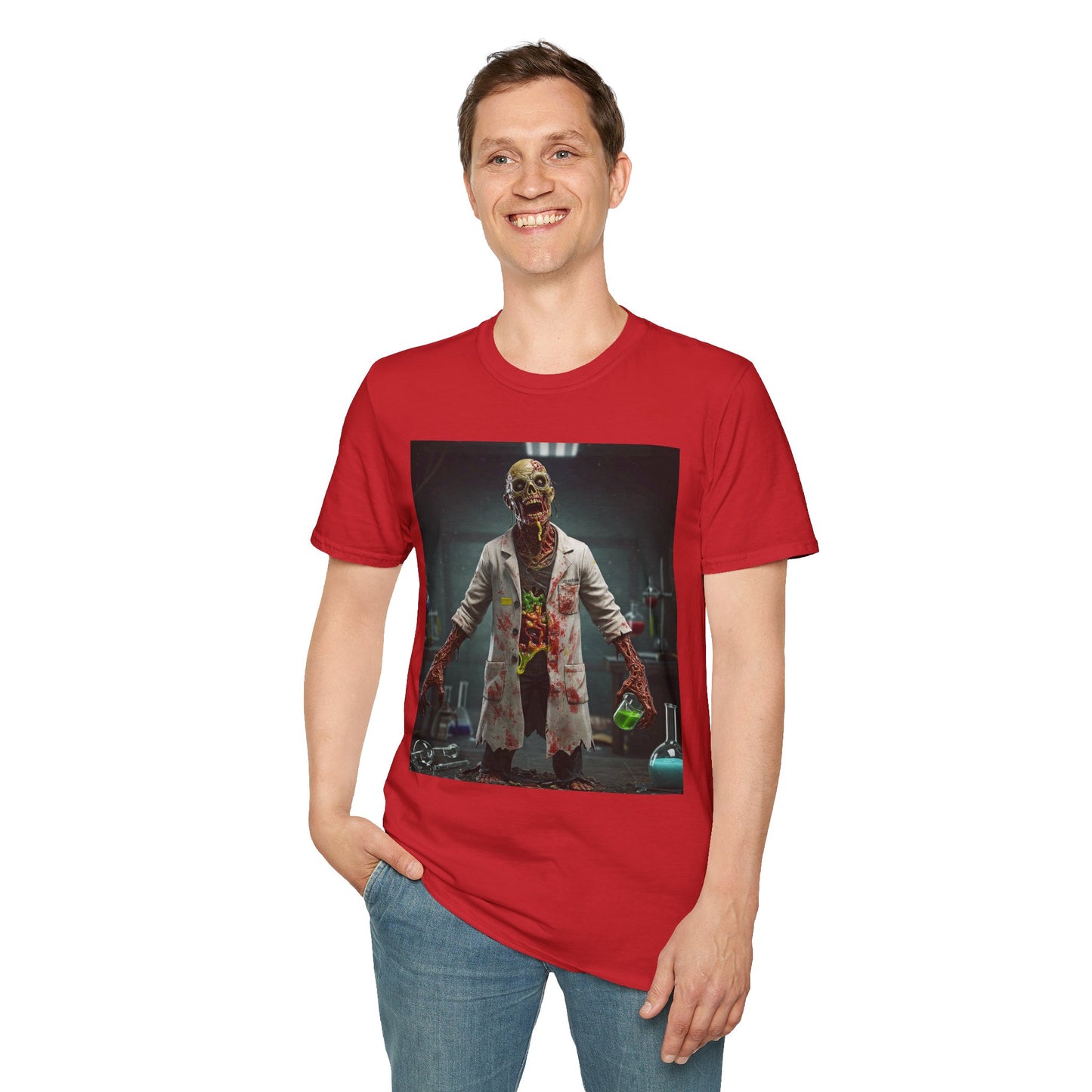 Zombie Scientist Unisex Softstyle T-Shirt - Perfect for Halloween and Horror Fans