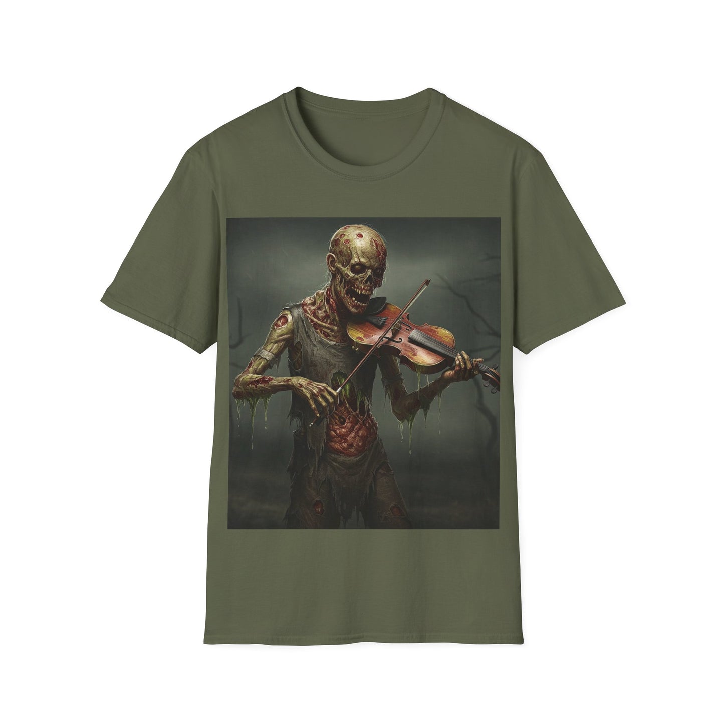 UK - Spooky Zombie Violinist Apocalyptic Portrait Tee, bold, decaying zombie graphic