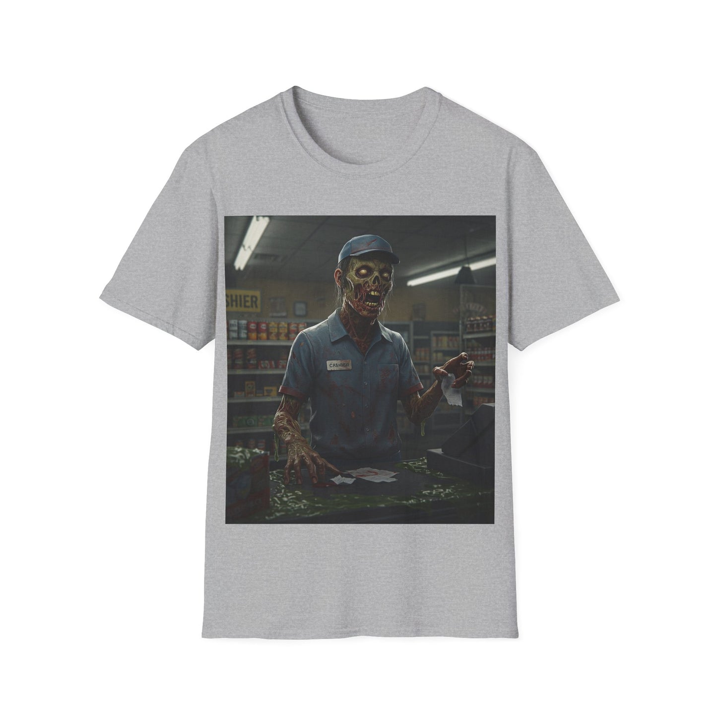 UK - Horror-Inspired Unisex Softstyle T-Shirt - Creepy Grocery Clerk Design