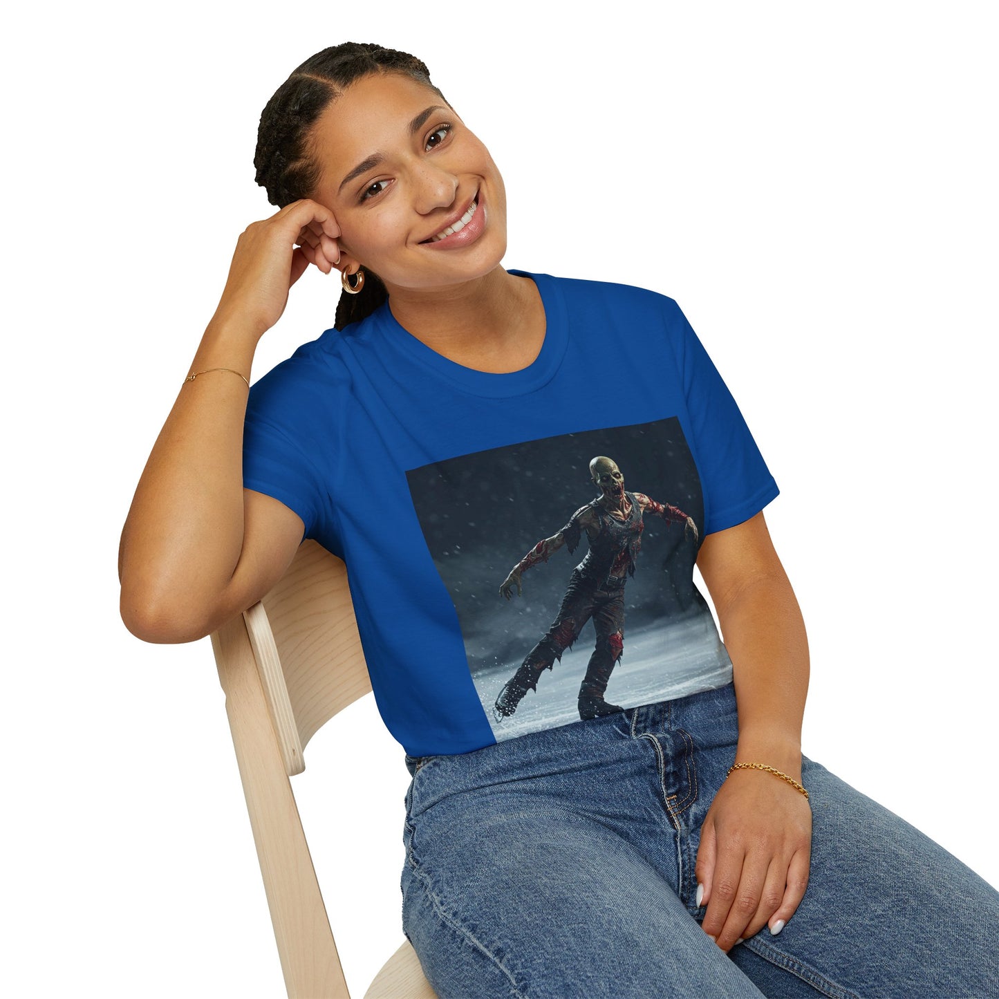 Chilling Thriller Unisex Softstyle T-Shirt - Ice Skating Horror Design