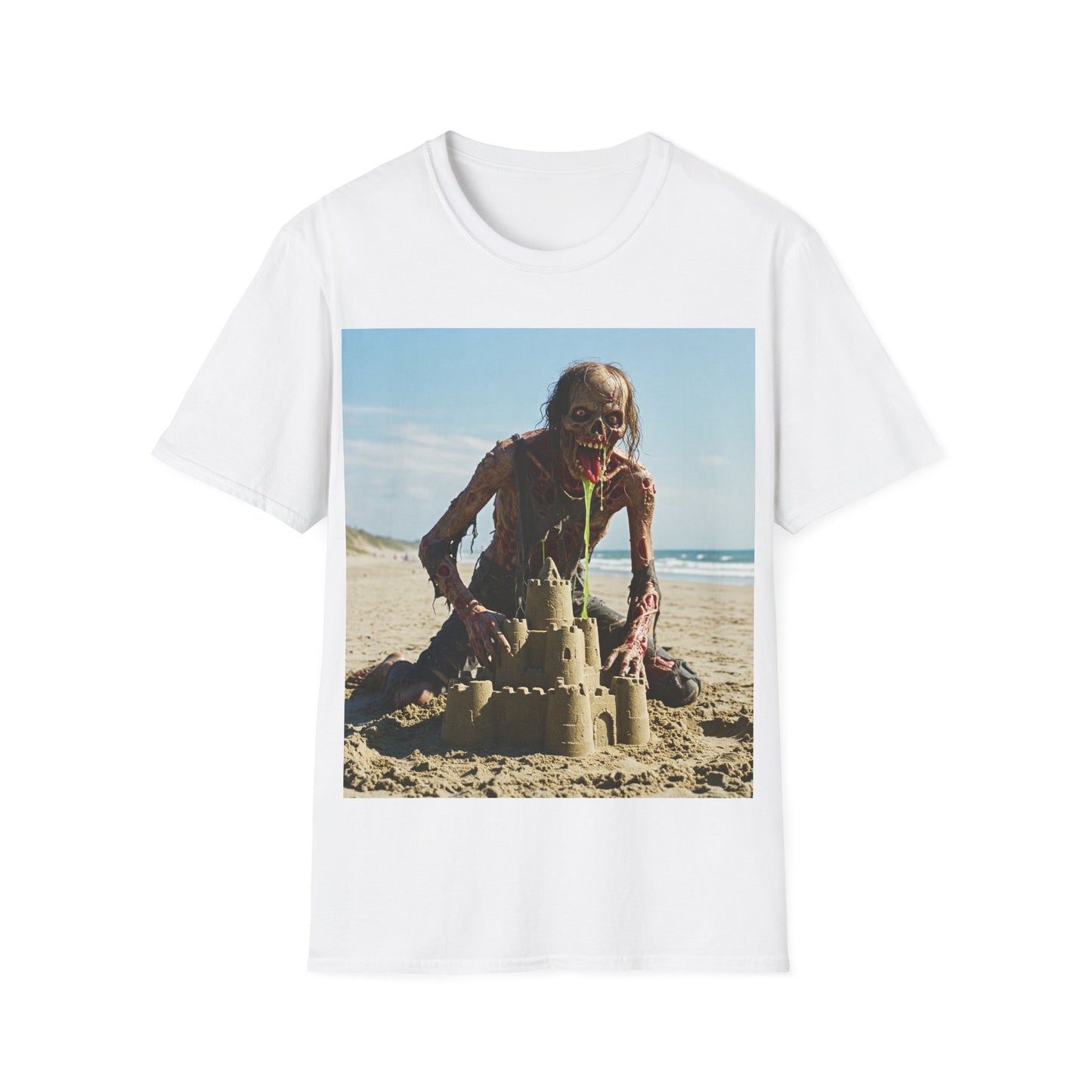 UK - Zombie Sandcastle Unisex Softstyle T-Shirt | Fun Beach Horror Tee