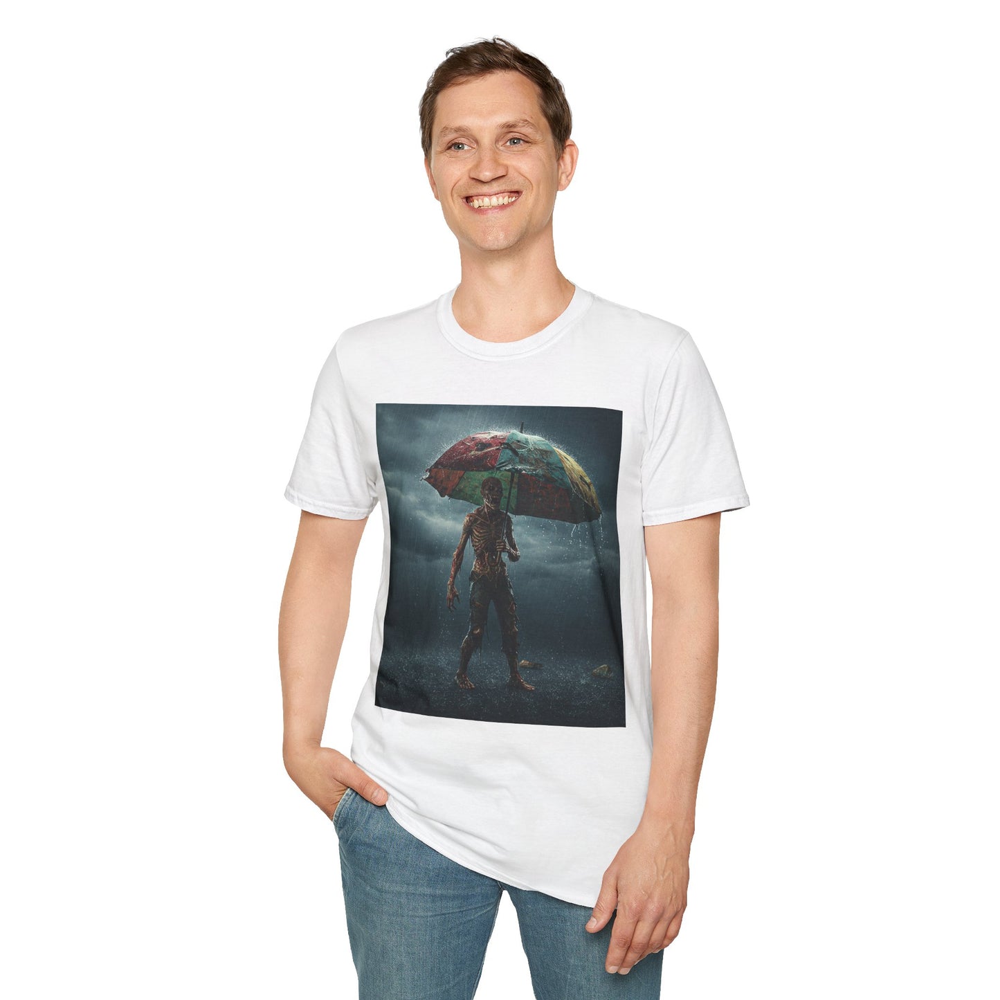 Unisex Softstyle T-Shirt - Creepy Skeleton with Umbrella Design - Perfect for Halloween