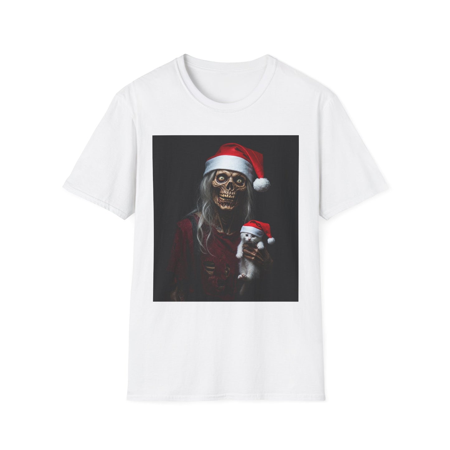 Cat Spooky Santa Skeleton Apocalyptic Portrait Tee, bold, decaying zombie graphic