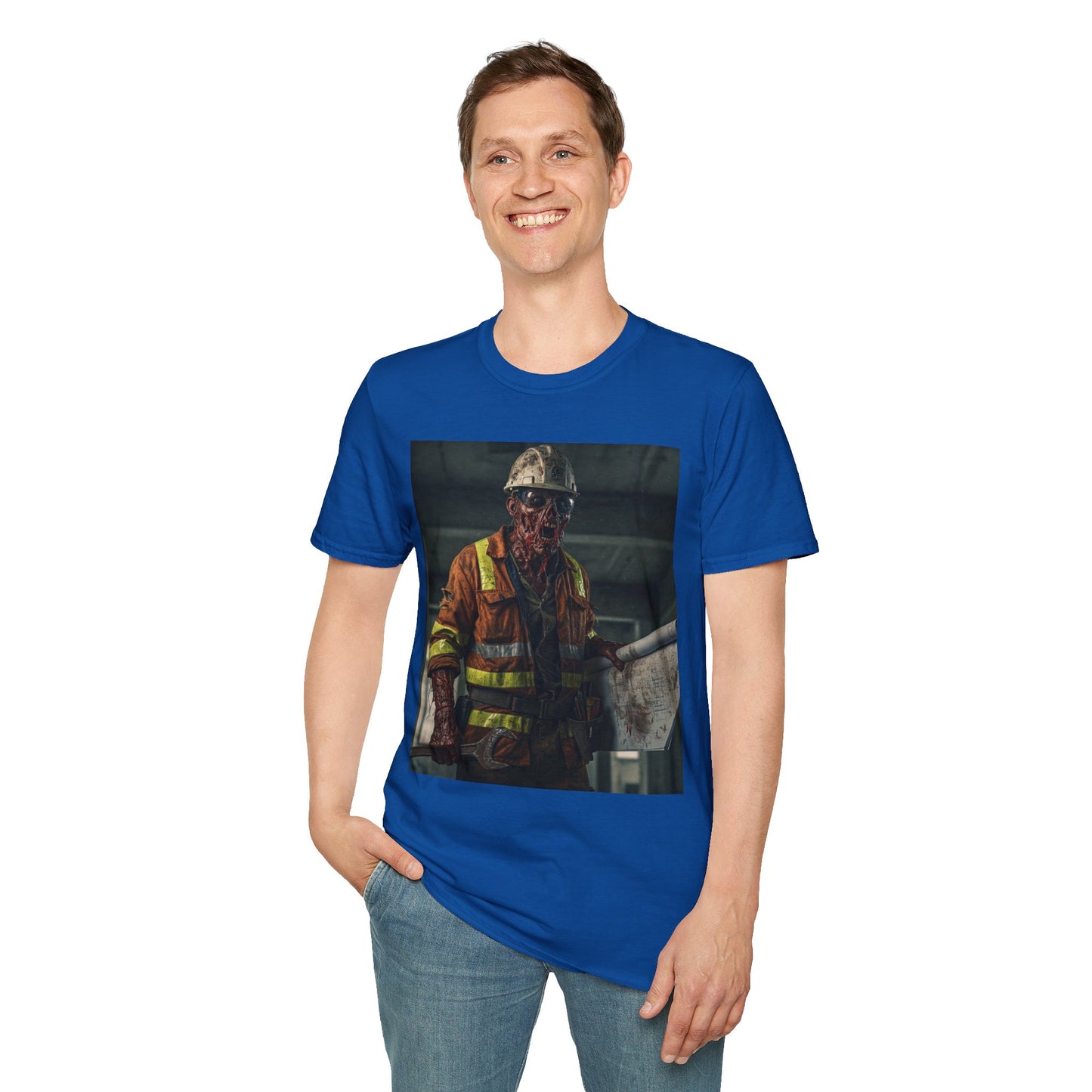 Creepy Construction Worker Graphic Tee | Unisex Softstyle T-Shirt | Perfect for Halloween and Horror Fans