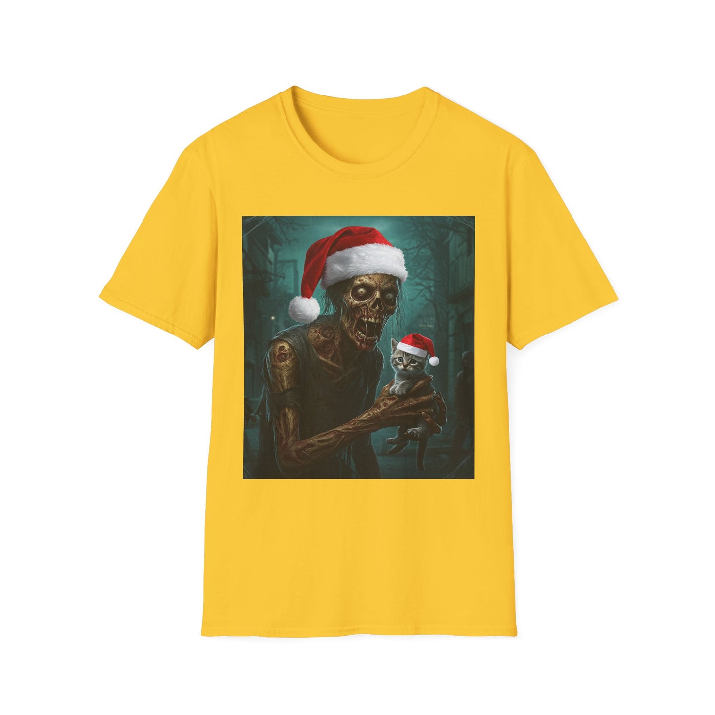 Cat Funny Santa Skeleton Apocalyptic Portrait Tee, bold, decaying zombie graphic