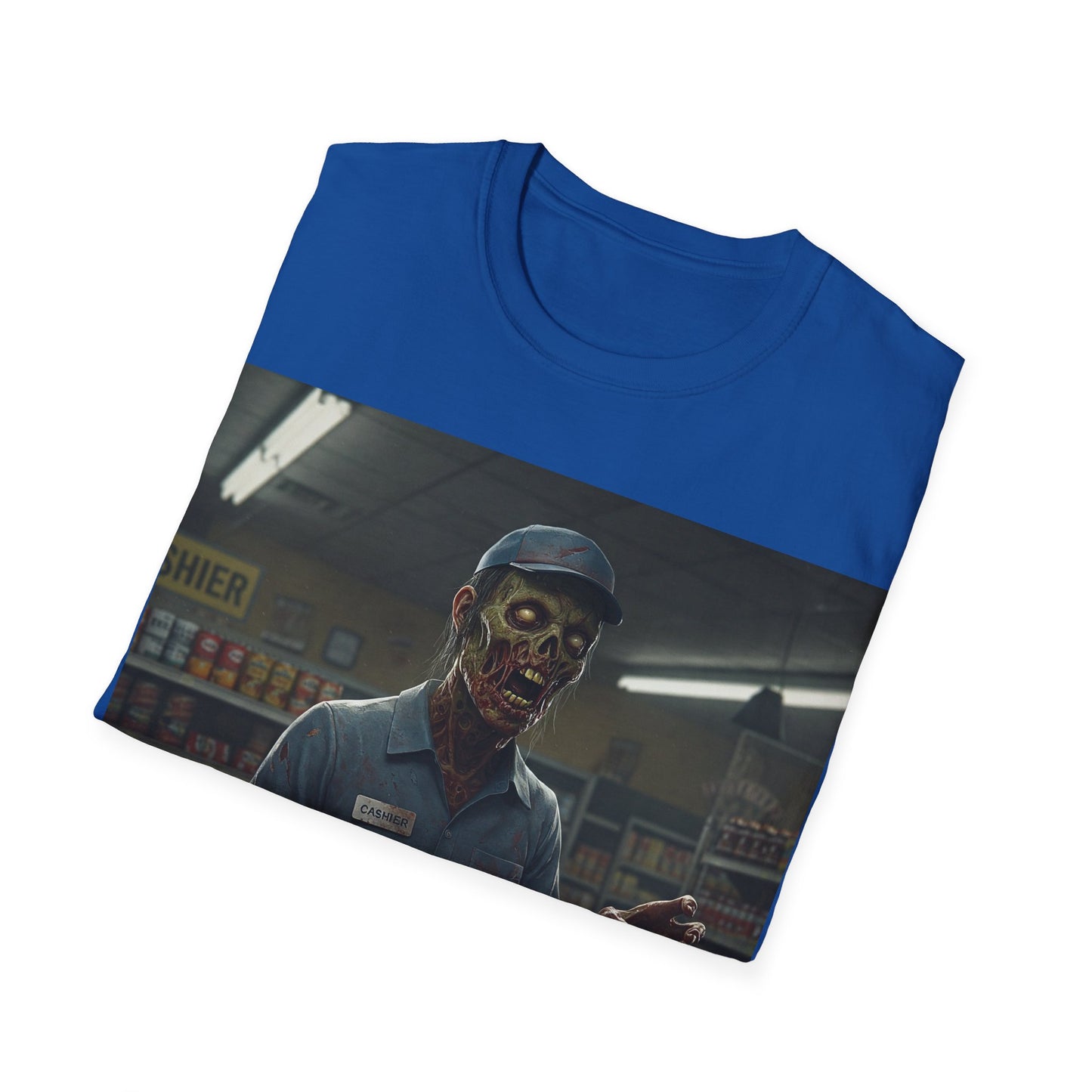 UK - Horror-Inspired Unisex Softstyle T-Shirt - Creepy Grocery Clerk Design