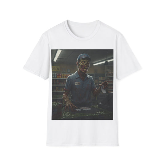 UK - Horror-Inspired Unisex Softstyle T-Shirt - Creepy Grocery Clerk Design
