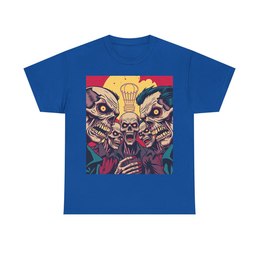 UK - Graphic Unisex Heavy Cotton Tee - Skull & Zombie Design, Perfect for Halloween and Horror Fans