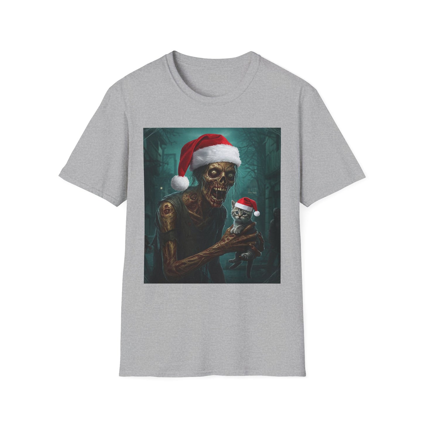 Cat Funny Santa Skeleton Apocalyptic Portrait Tee, bold, decaying zombie graphic