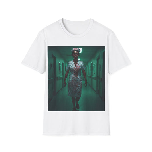 UK - Creepy Nurse Design Apocalyptic Portrait Tee, bold, decaying zombie graphic