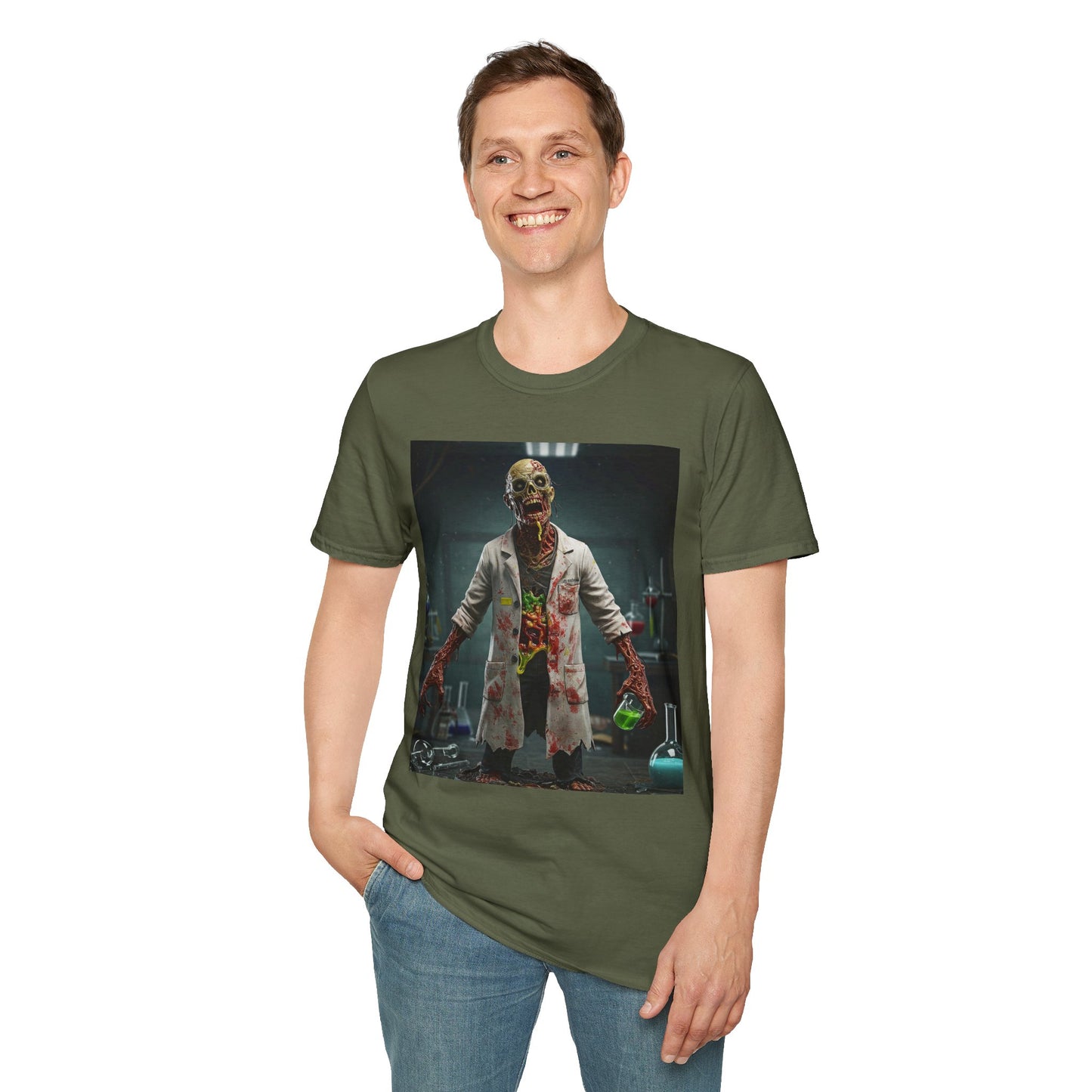 Zombie Scientist Unisex Softstyle T-Shirt - Perfect for Halloween and Horror Fans