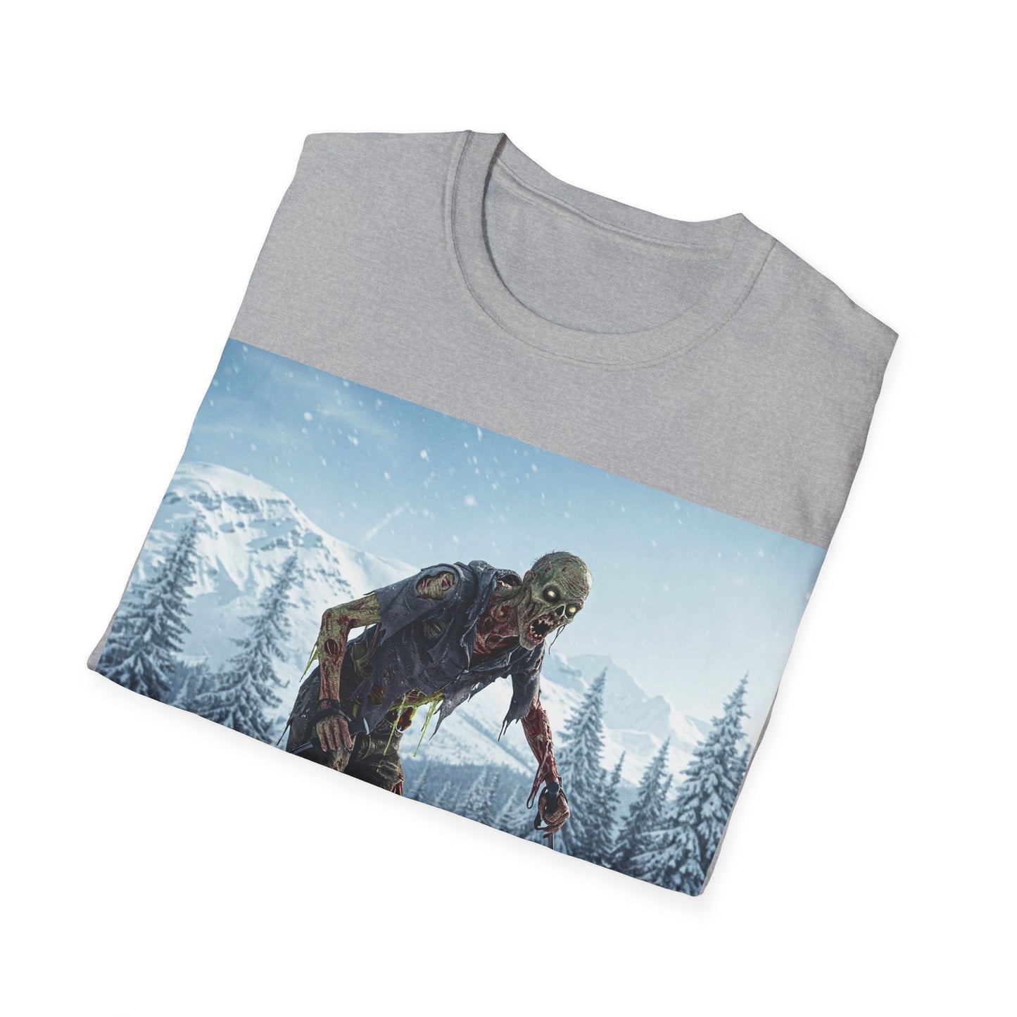 UK - Skiing Zombie Unisex Softstyle T-Shirt - Perfect for Winter Fun & Halloween Enthusiasts