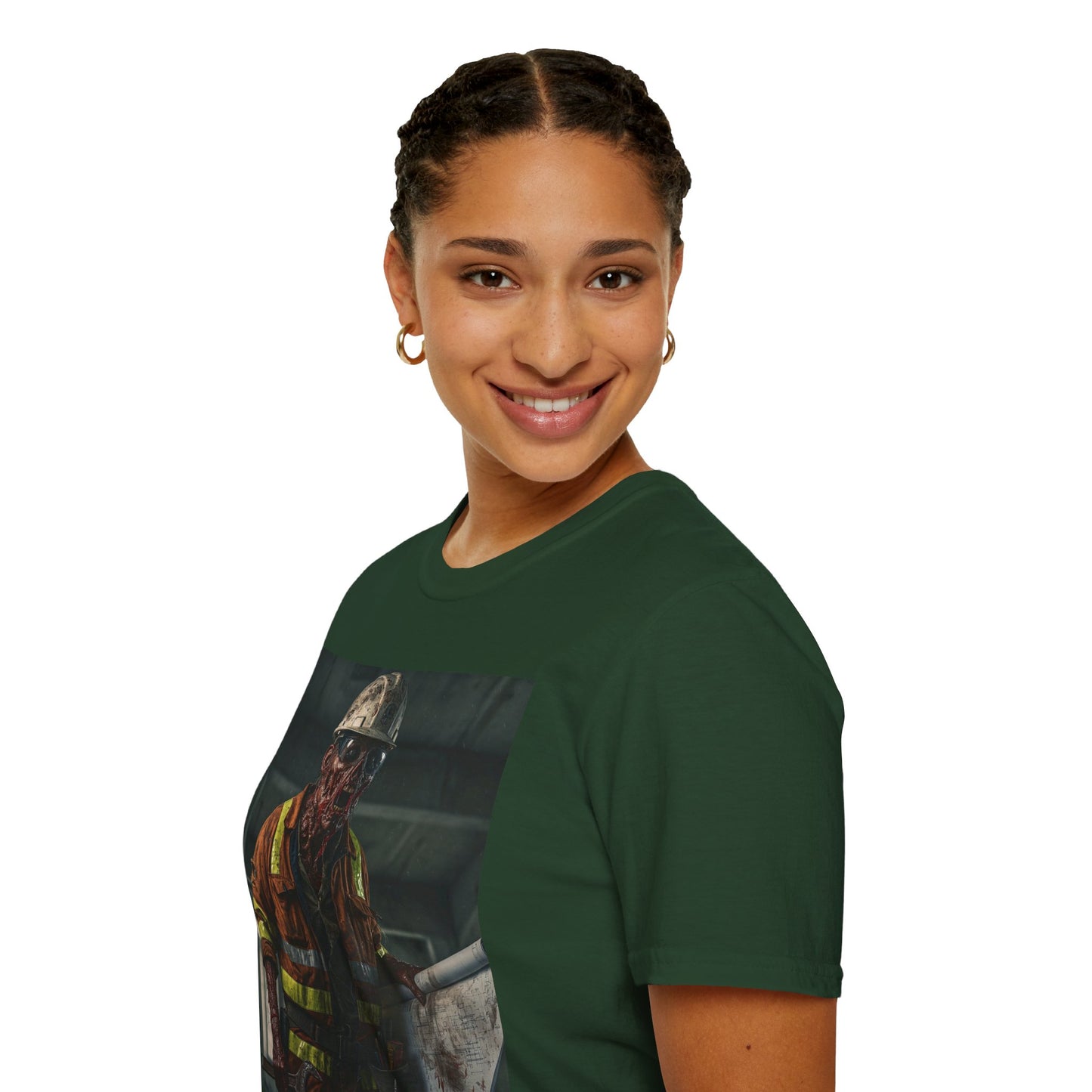 Creepy Construction Worker Graphic Tee | Unisex Softstyle T-Shirt | Perfect for Halloween and Horror Fans