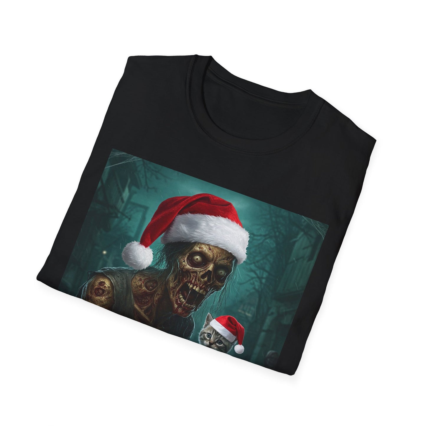 Cat Funny Santa Skeleton Apocalyptic Portrait Tee, bold, decaying zombie graphic