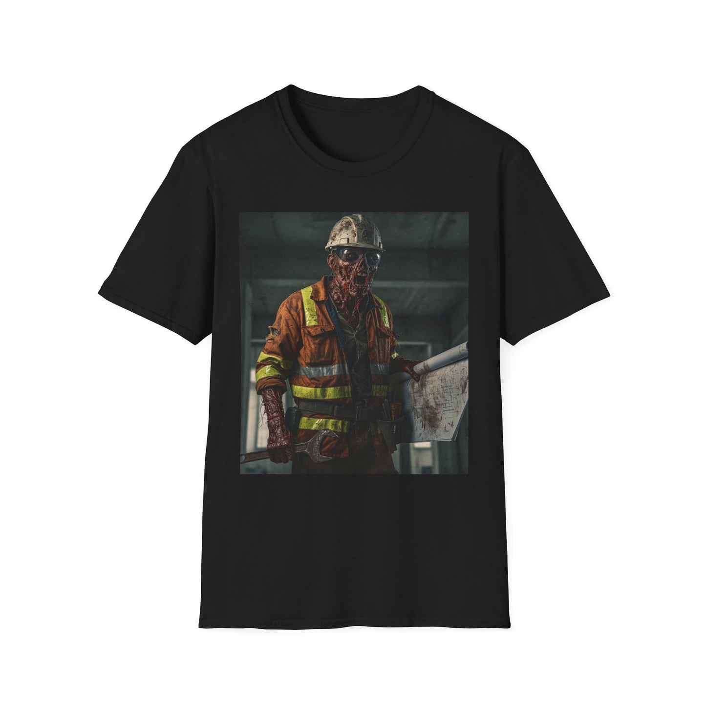 Creepy Construction Worker Graphic Tee | Unisex Softstyle T-Shirt | Perfect for Halloween and Horror Fans